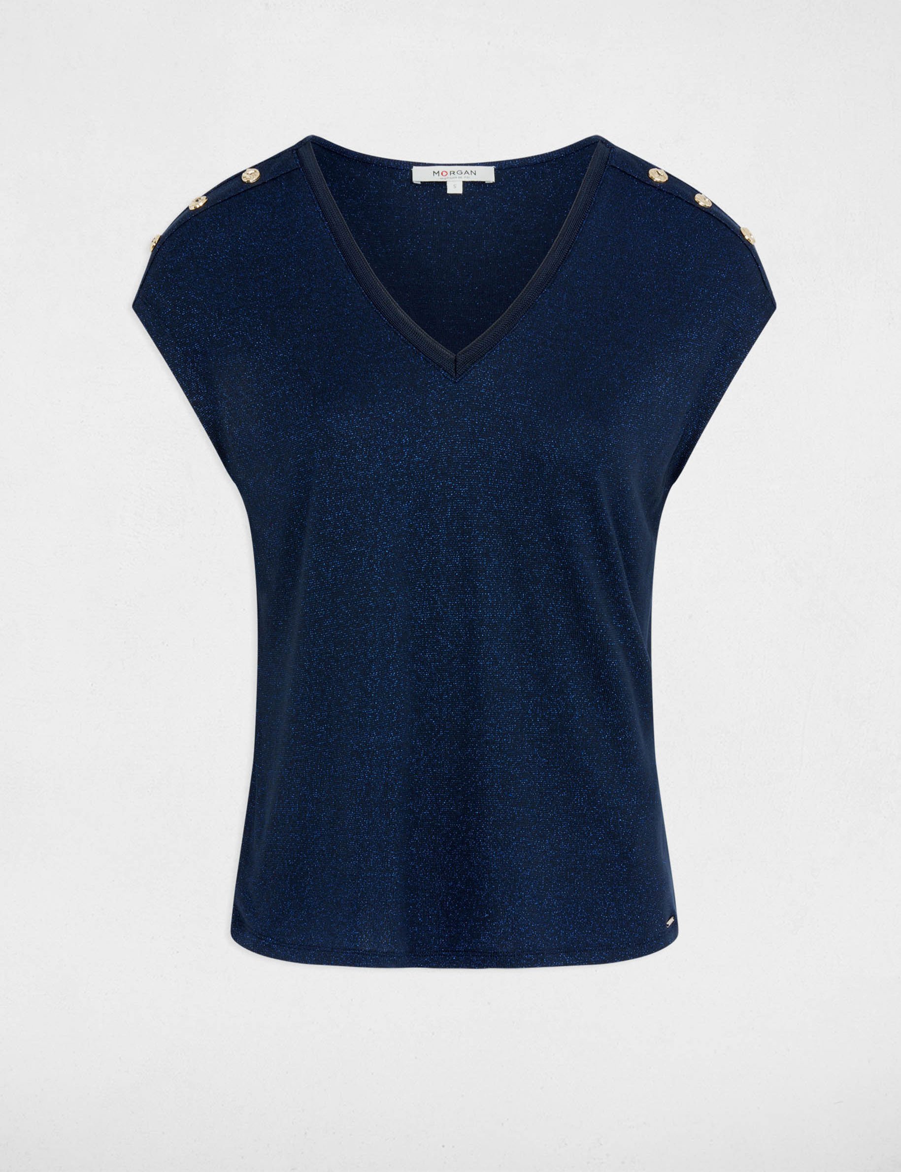 T-shirt col v boutons bleu marine femme