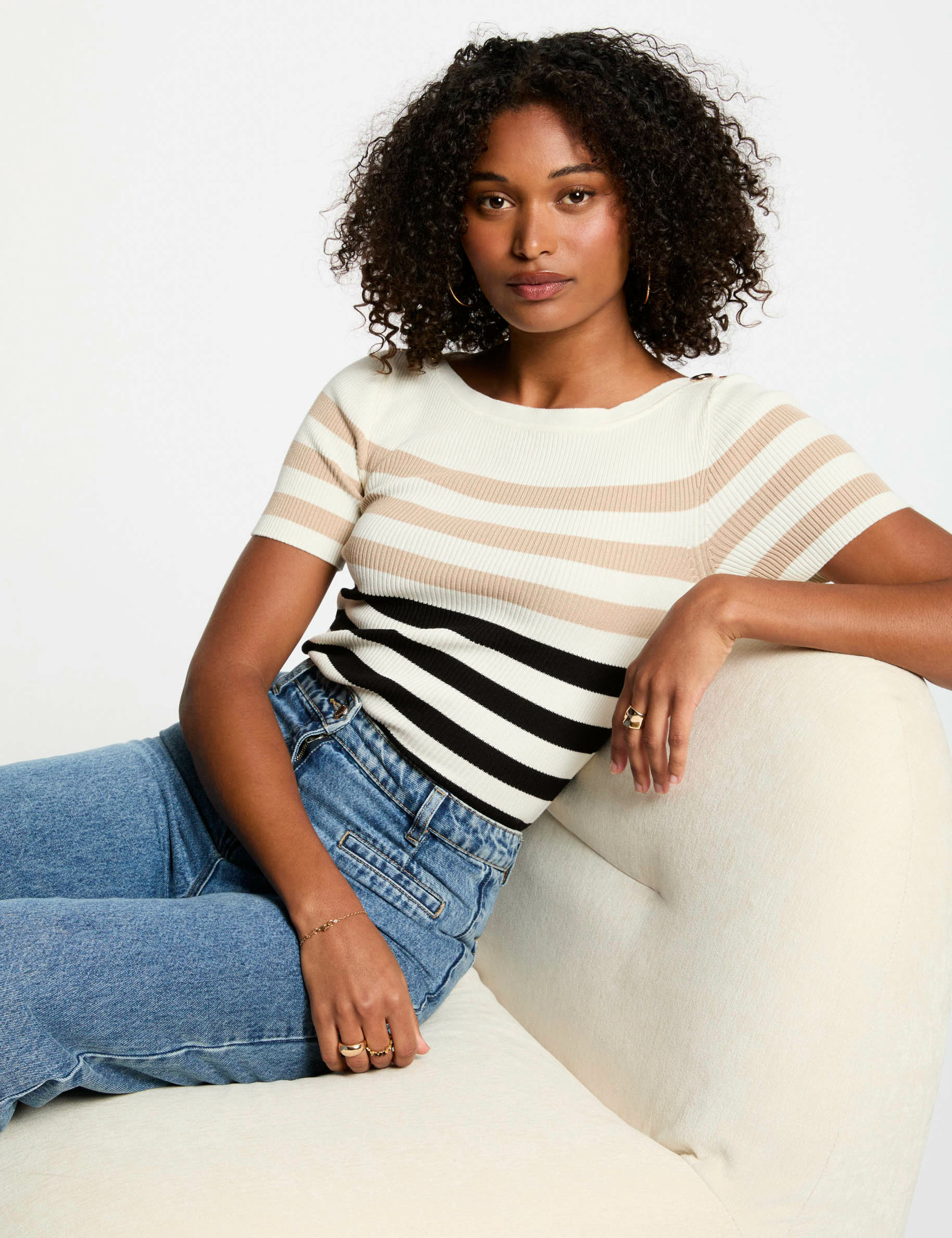 kurzarmliger gestreifter pullover elfenbein damen Kurzärmliger, gestreifter Pullover elfenbein damen