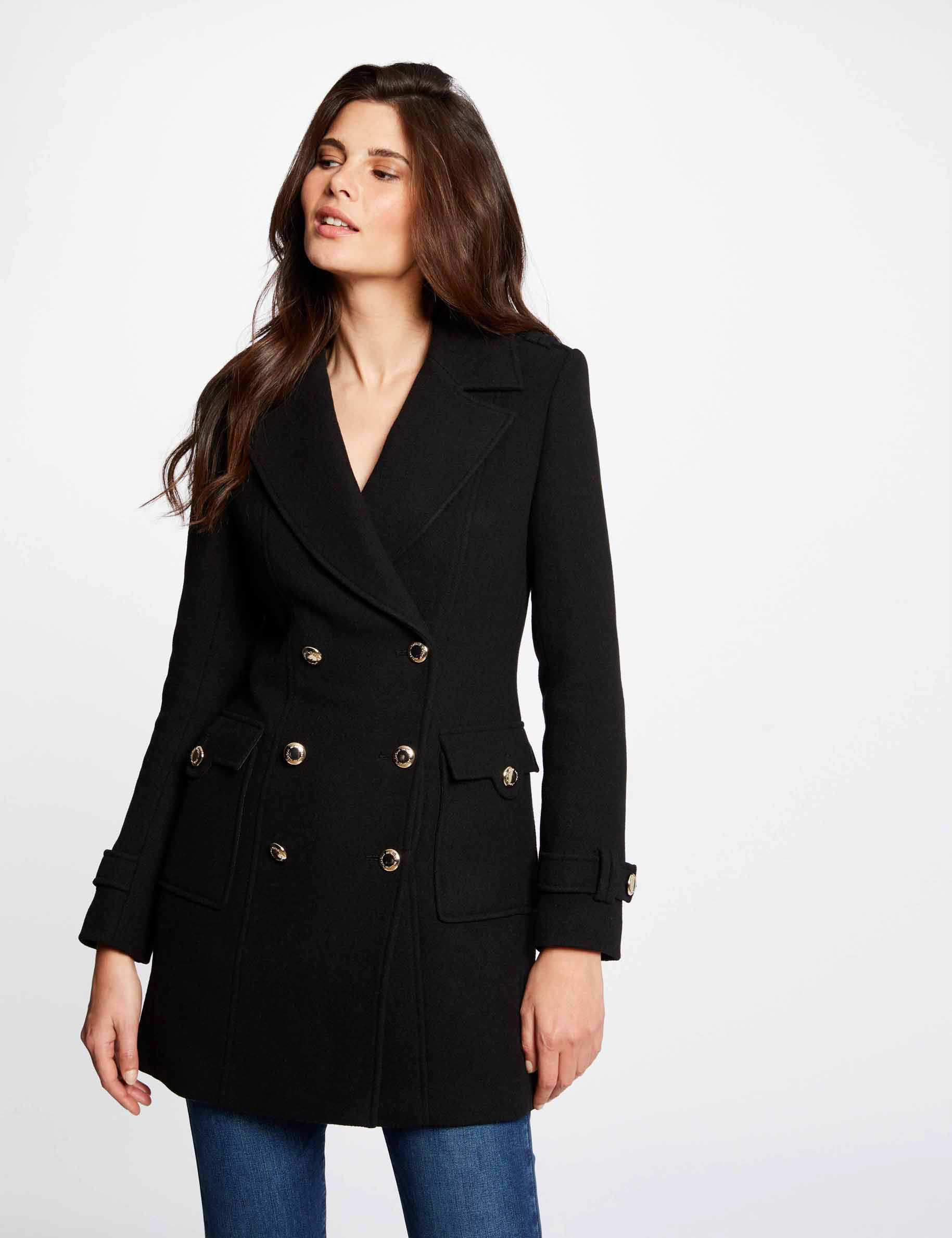 Manteau droit boutonn&eacute; noir femme