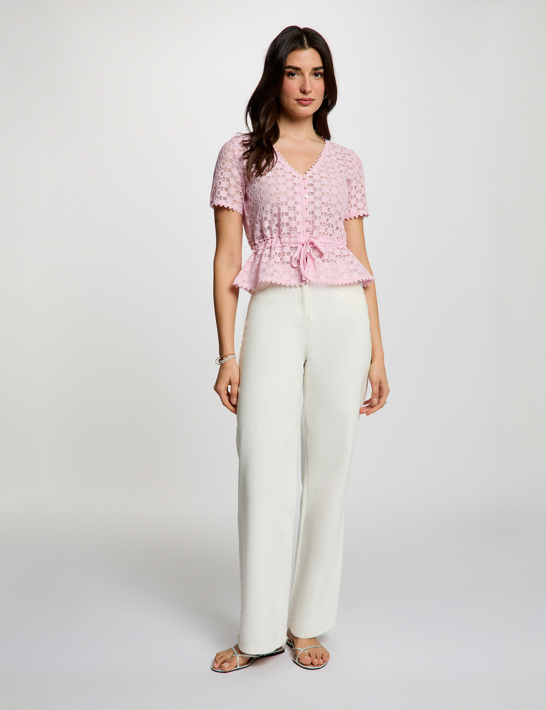 T-shirt manches courtes en dentelle rose femme