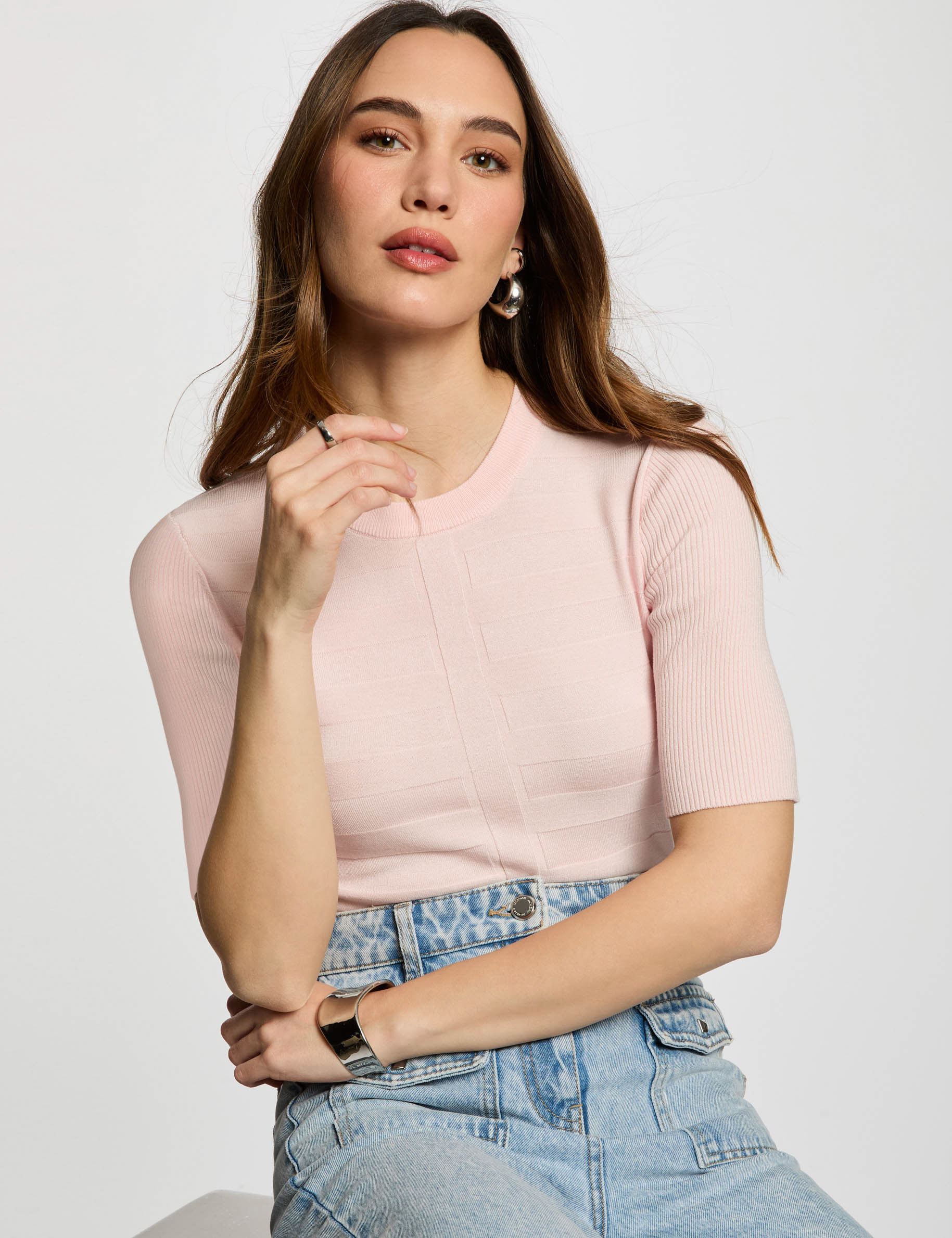 pull col rond manches courtes rose clair femme Pull col rond manches courtes rose clair femme