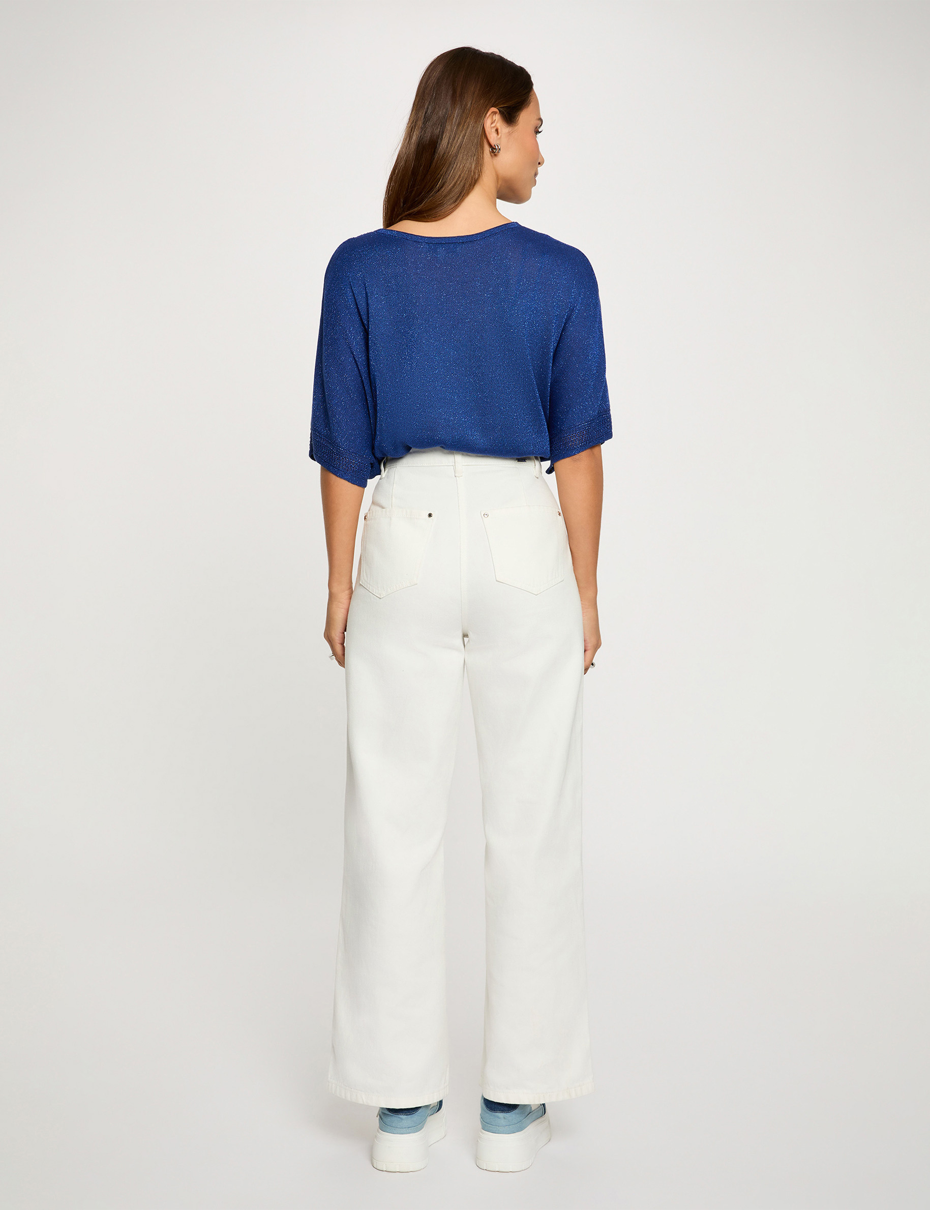 Pull col en V manches courtes bleu marine femme