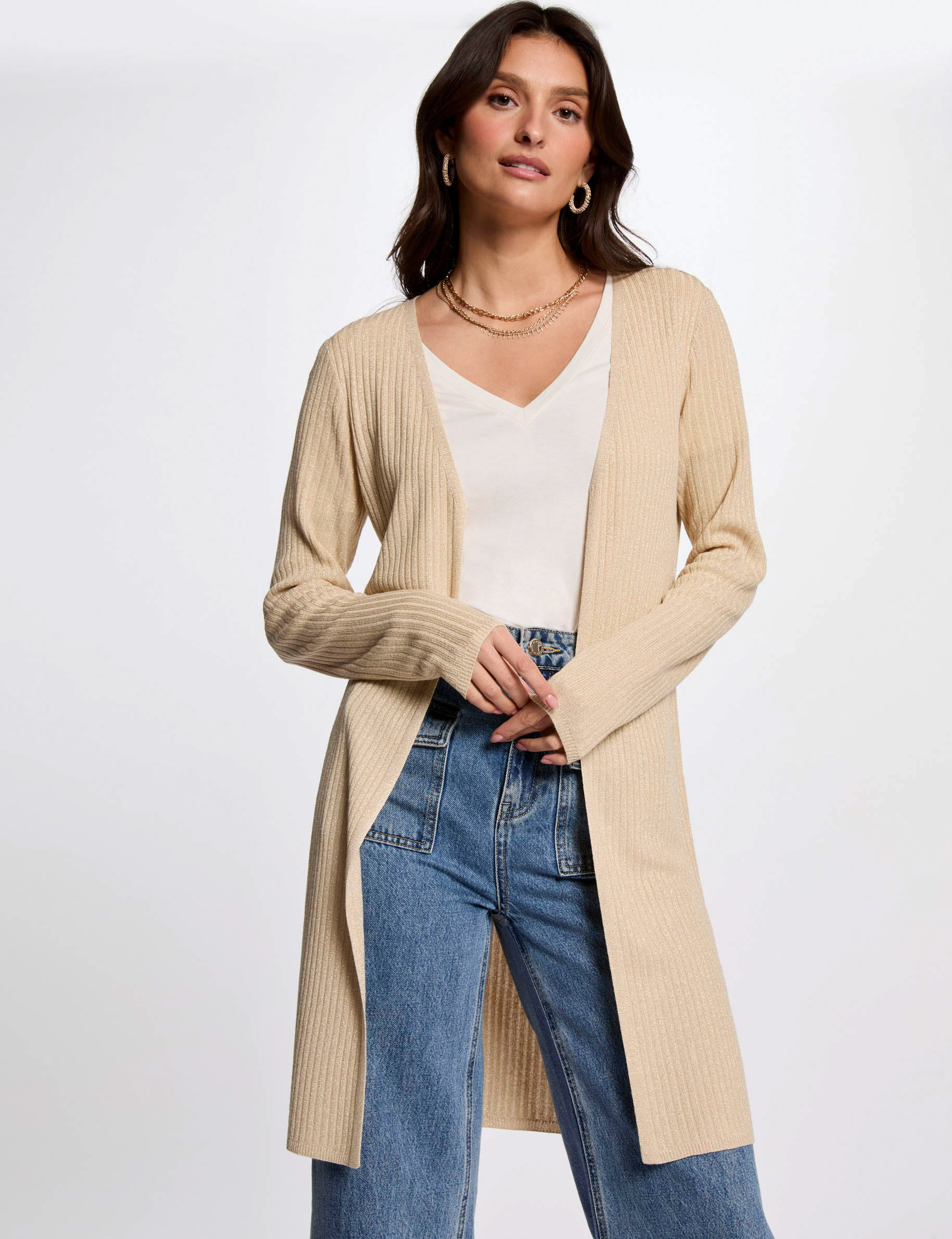 lange strickjacke mit v ausschnitt goldgelb damen Lange Strickjacke mit V-Ausschnitt goldgelb damen