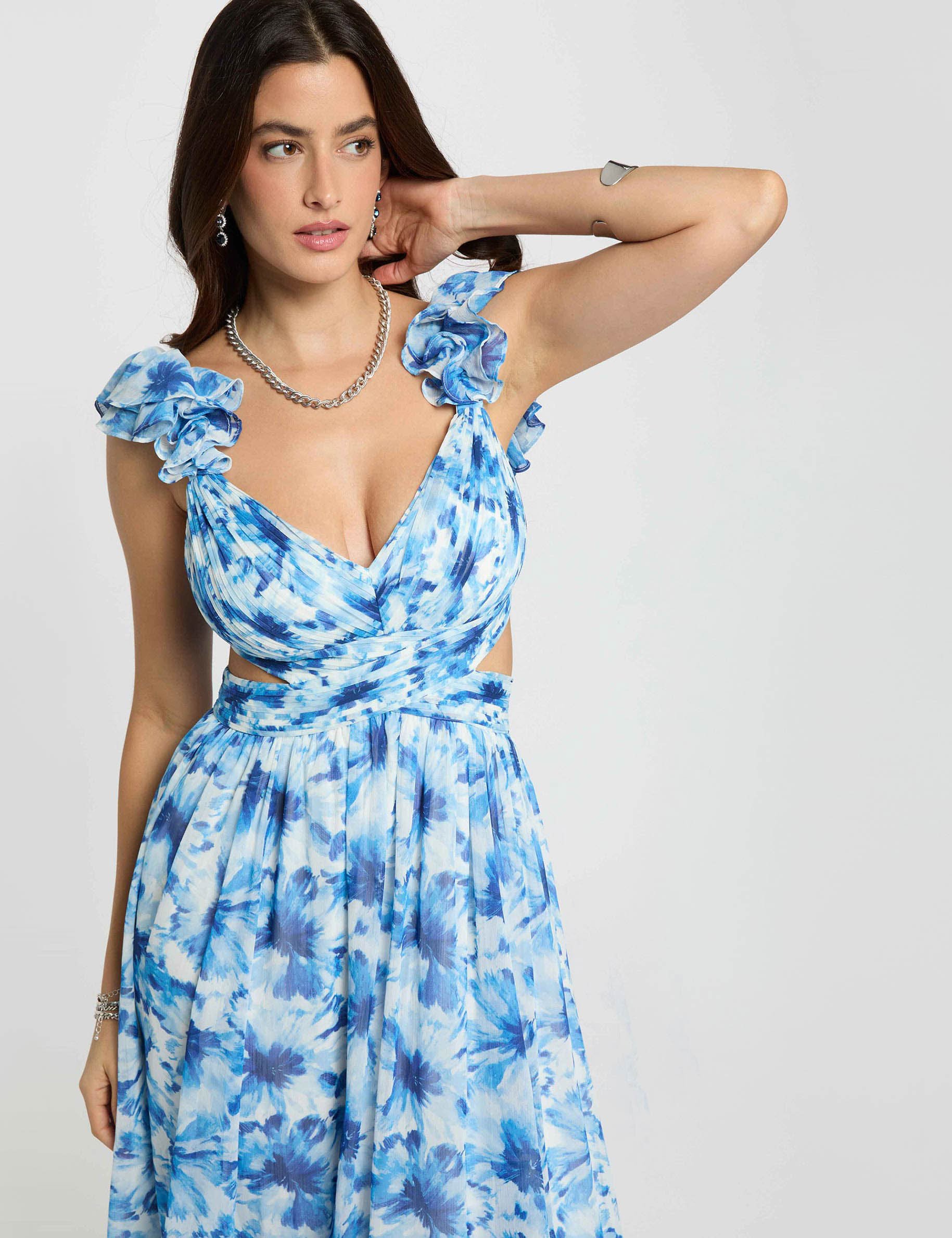 Robe longue florale &eacute;vas&eacute;e bleu marine femme