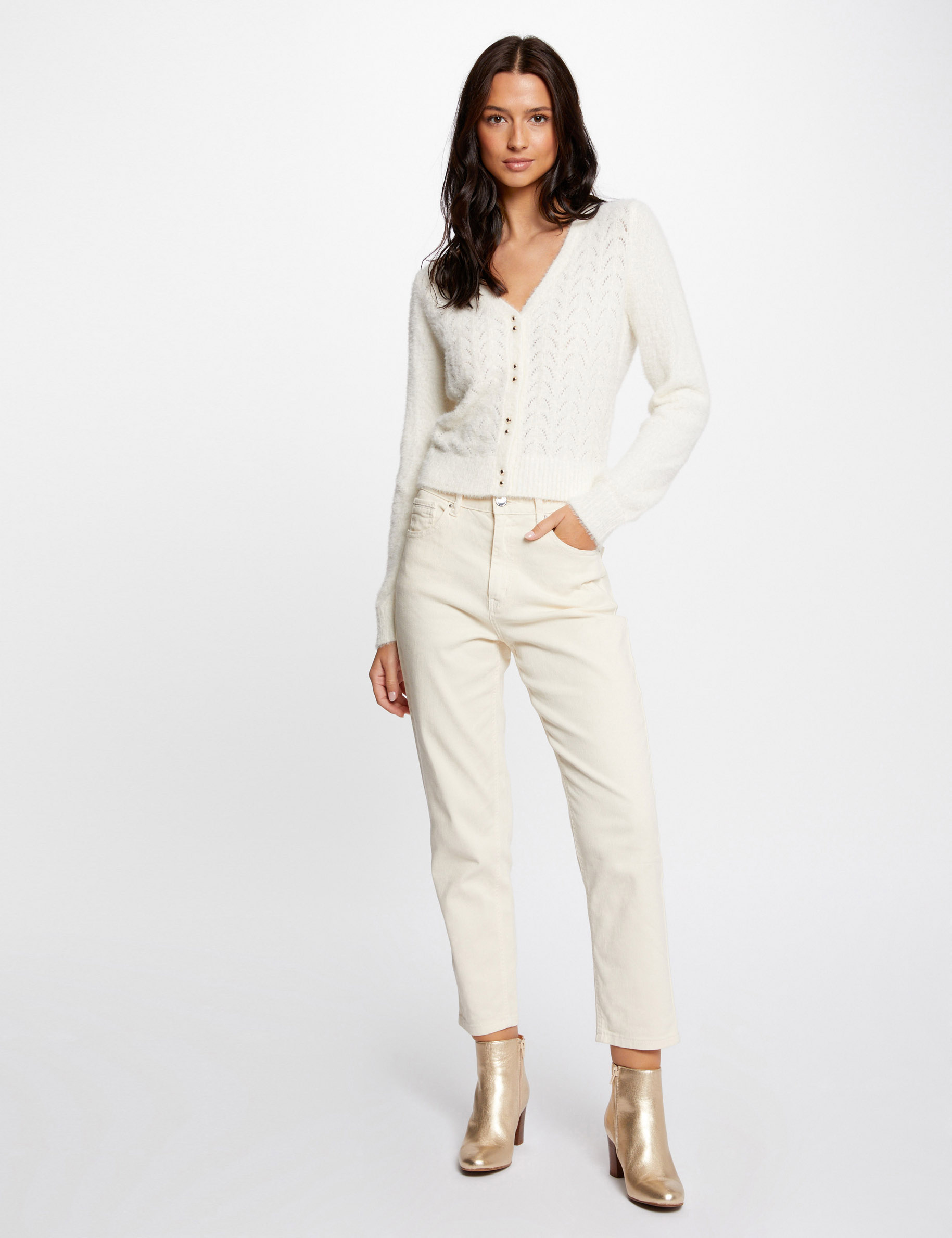 gilet manches longues a details ajoures ivoire femme Gilet manches longues à détails ajourés ivoire femme