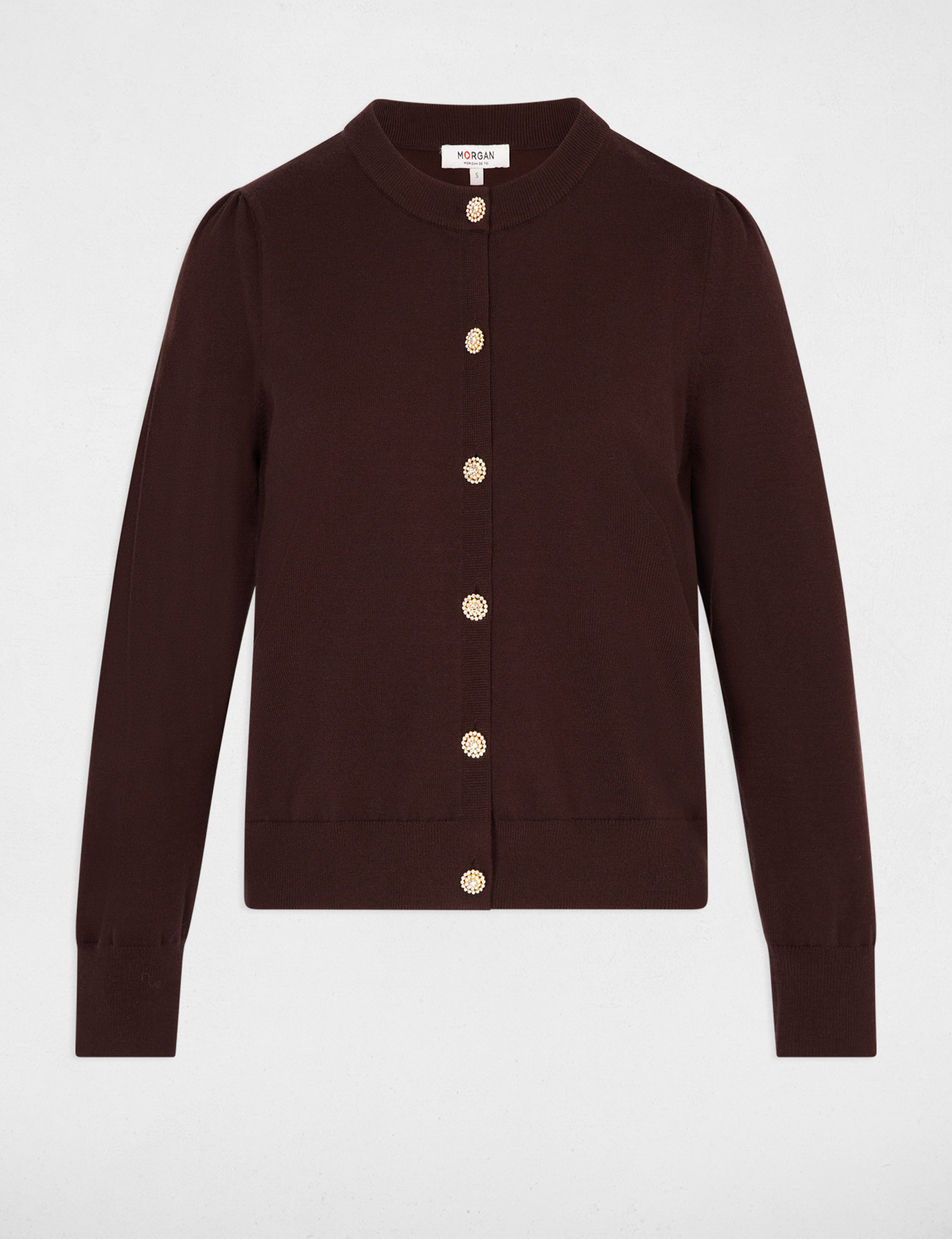 Gilet tricot col rond marron fonc&eacute; femme
