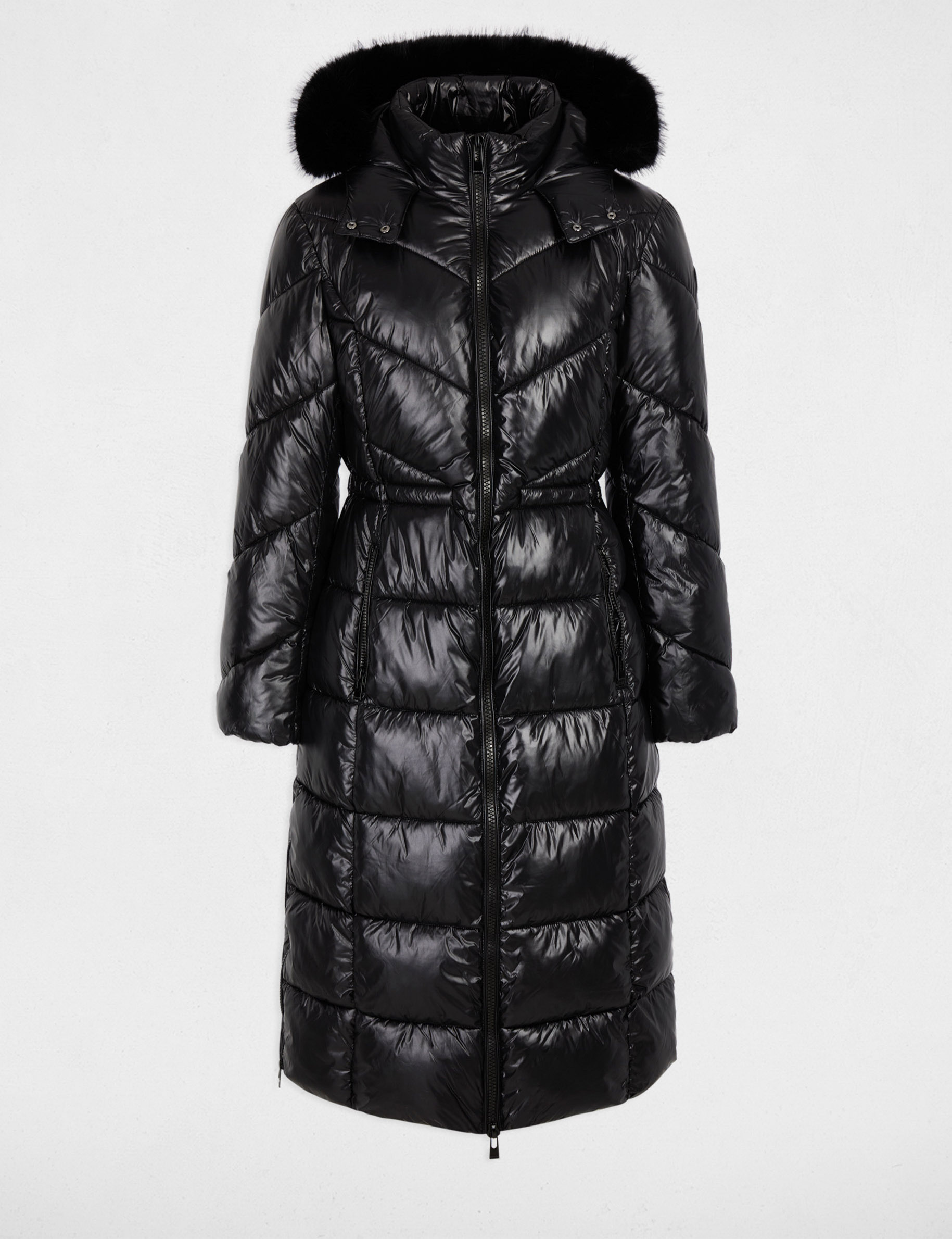 Lange Daunenjacke mit Kunstfell schwarz damen