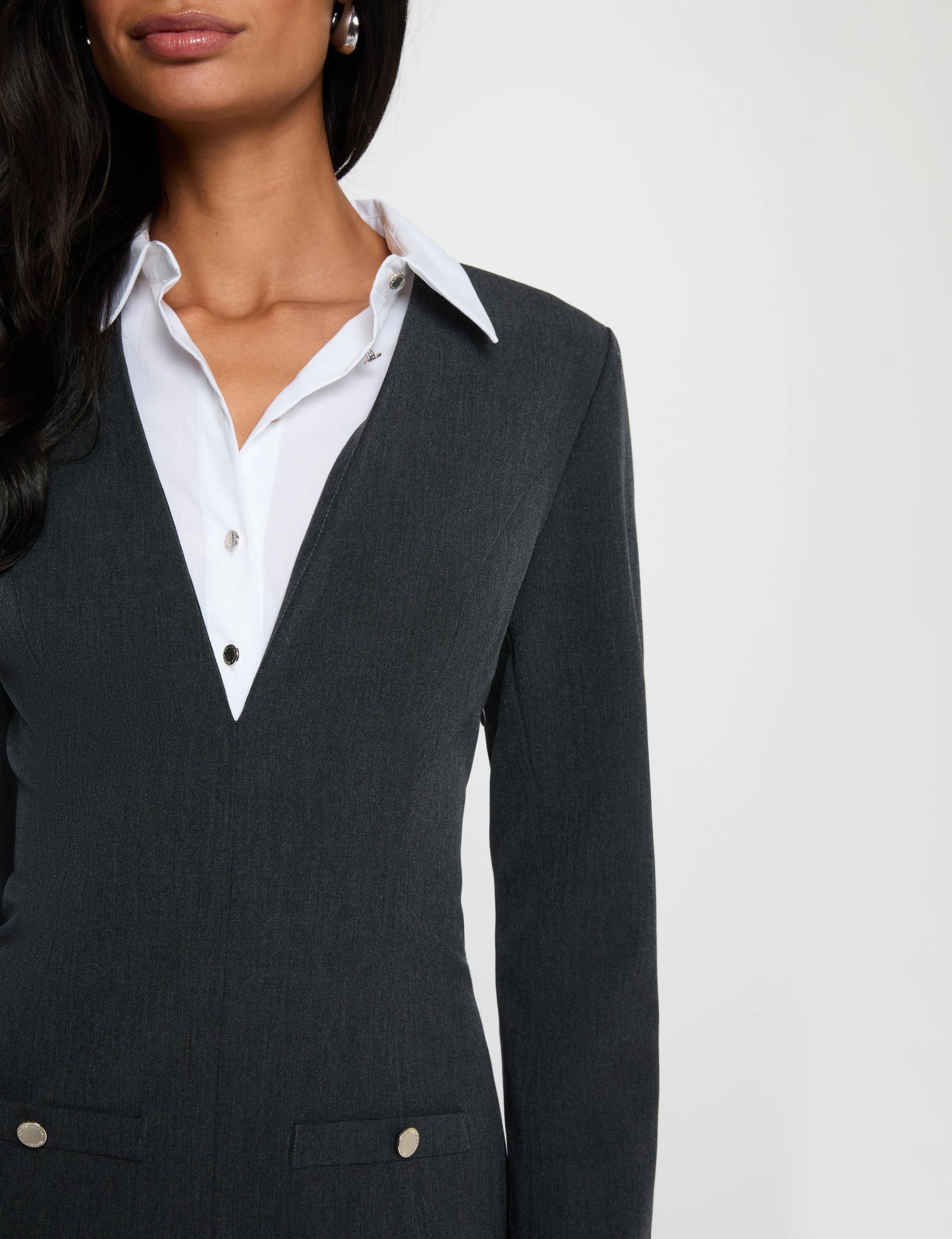 Robe courte col &agrave; revers gris clair femme