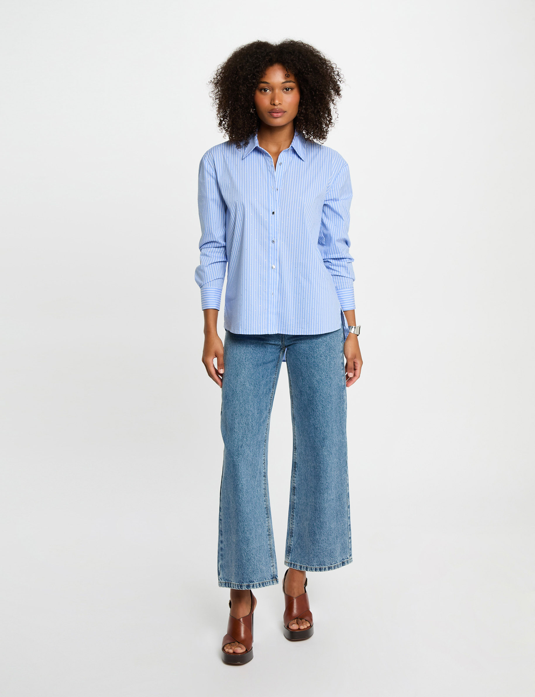 gestreiftes hemd mit langen armeln himmelblau damen Gestreiftes Hemd mit langen Ärmeln himmelblau damen