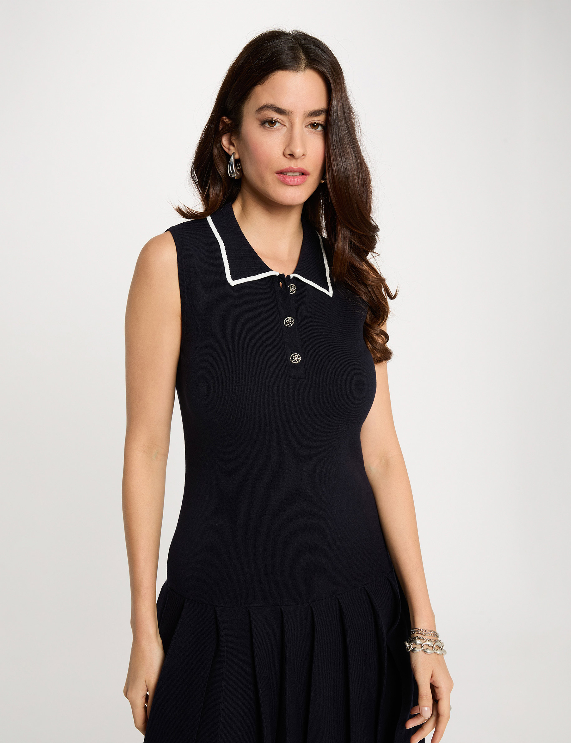 Robe tricot col &agrave; revers bleu marine femme