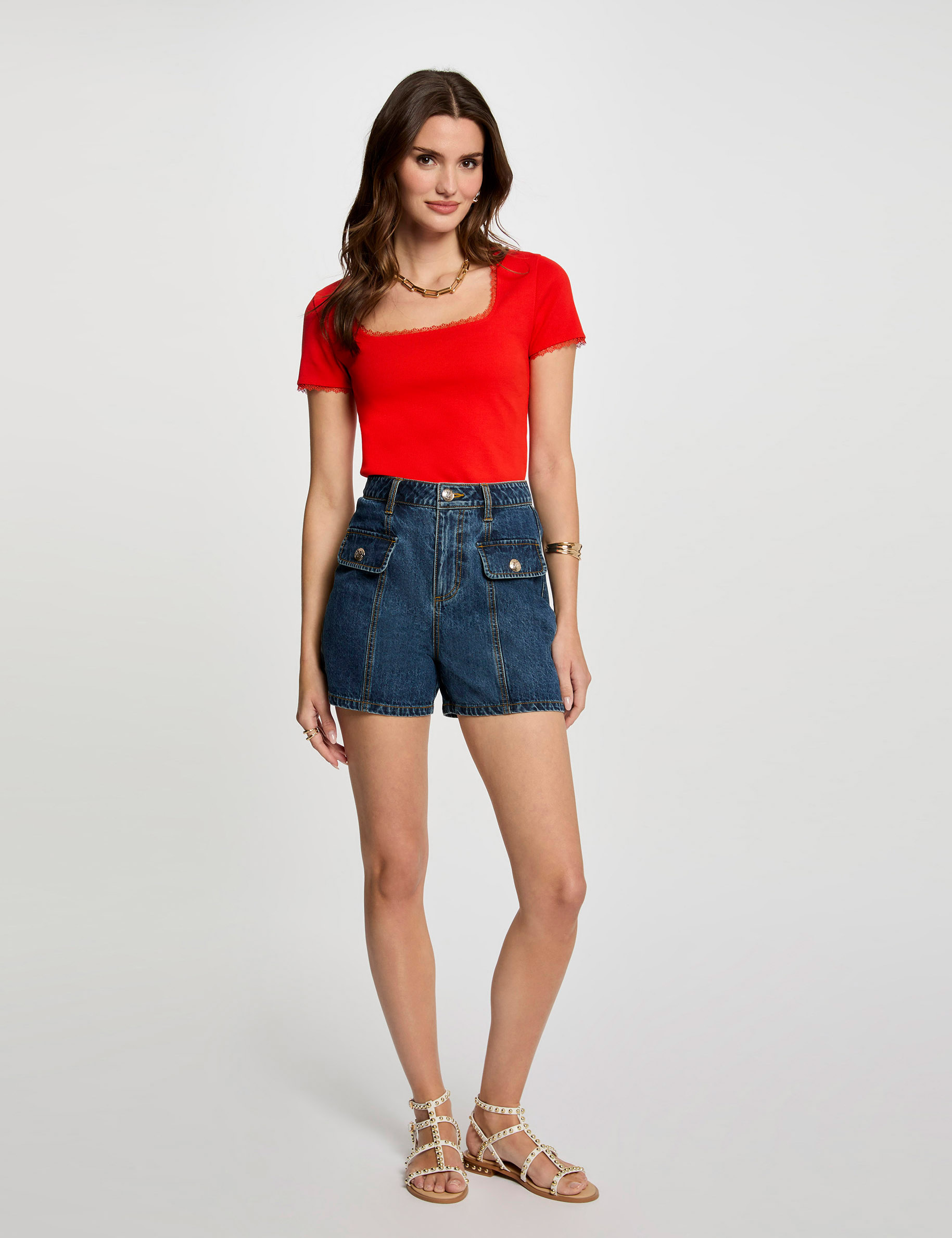 t shirt manches courtes cotele orange femme T-shirt manches courtes côtelé orange femme