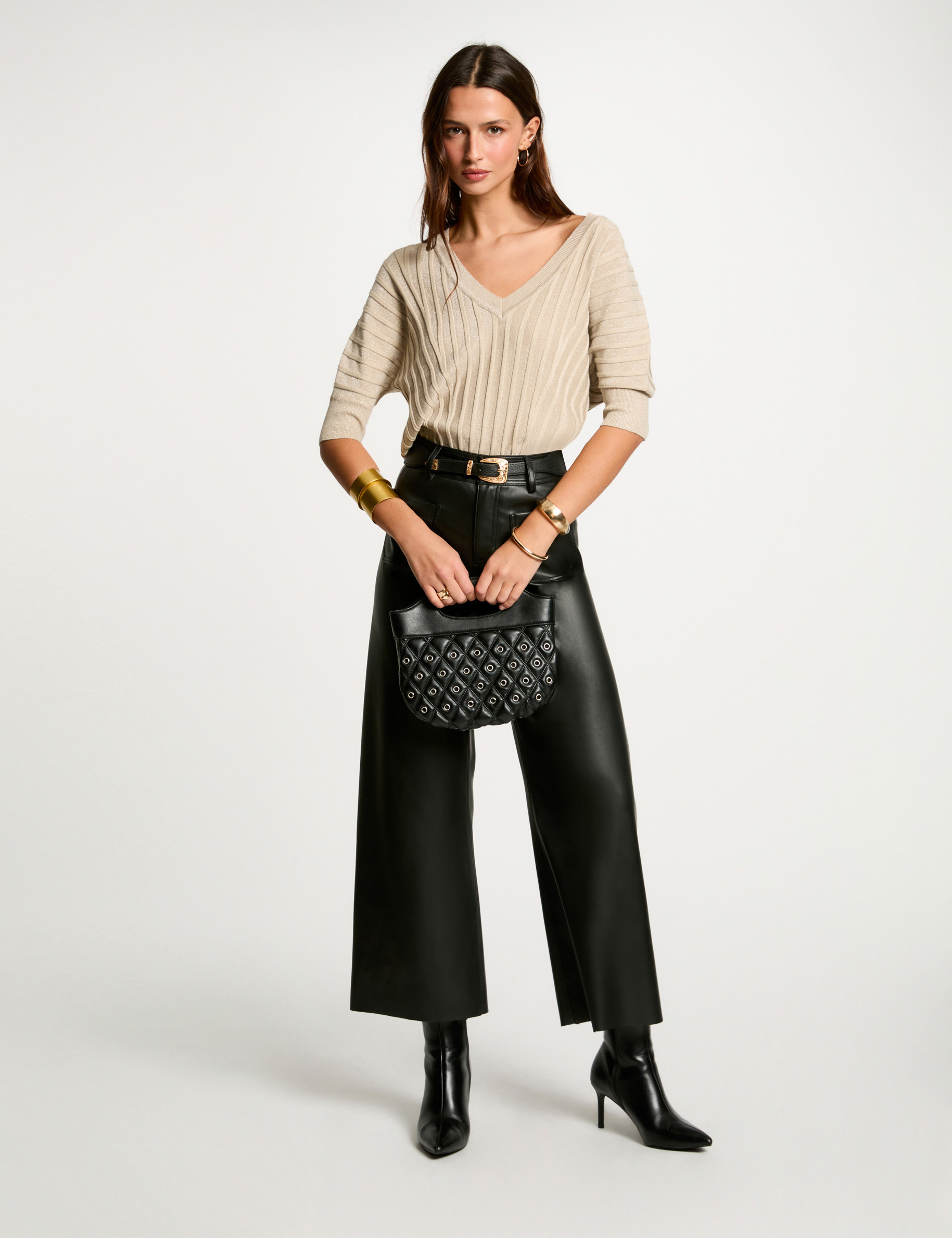 pull manches 34 col en v sable femme Pull manches 3/4 col en V sable femme