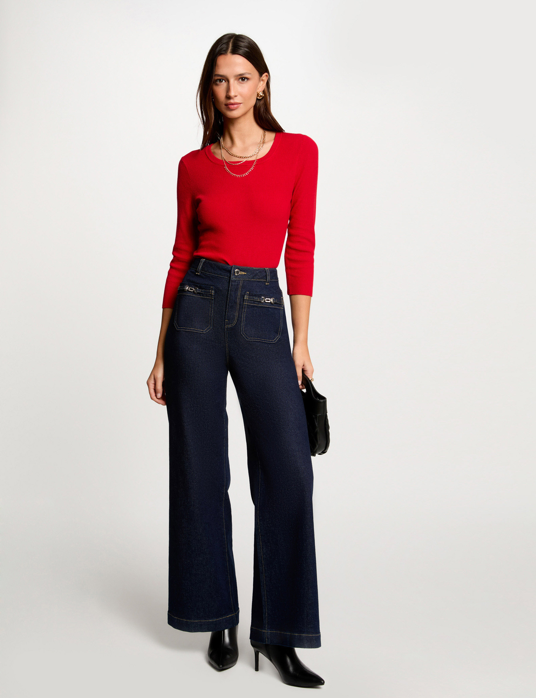 pull col rond manches 34 rouge femme Pull col rond manches 3/4 rouge femme