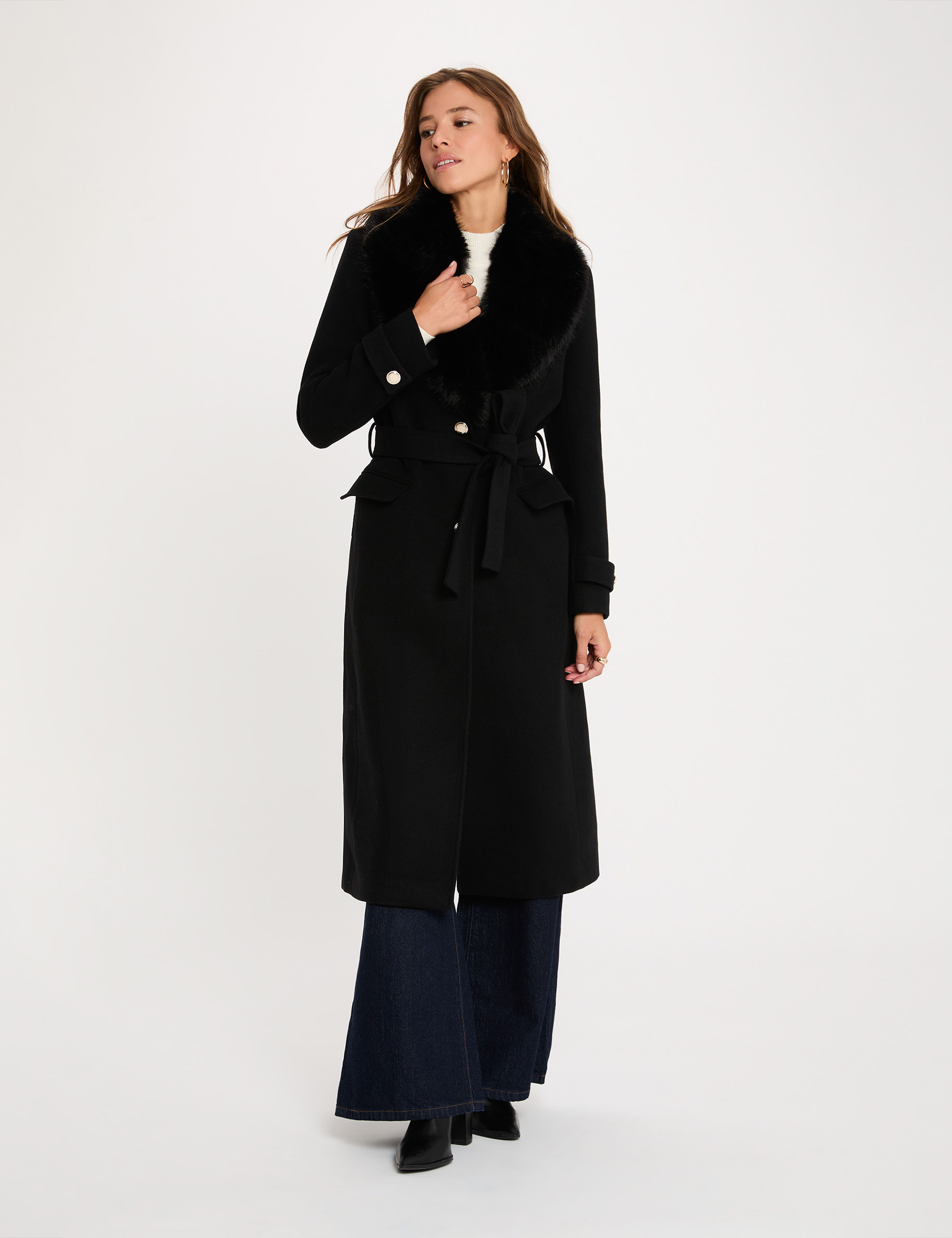 Manteau long ceintur&eacute; noir femme