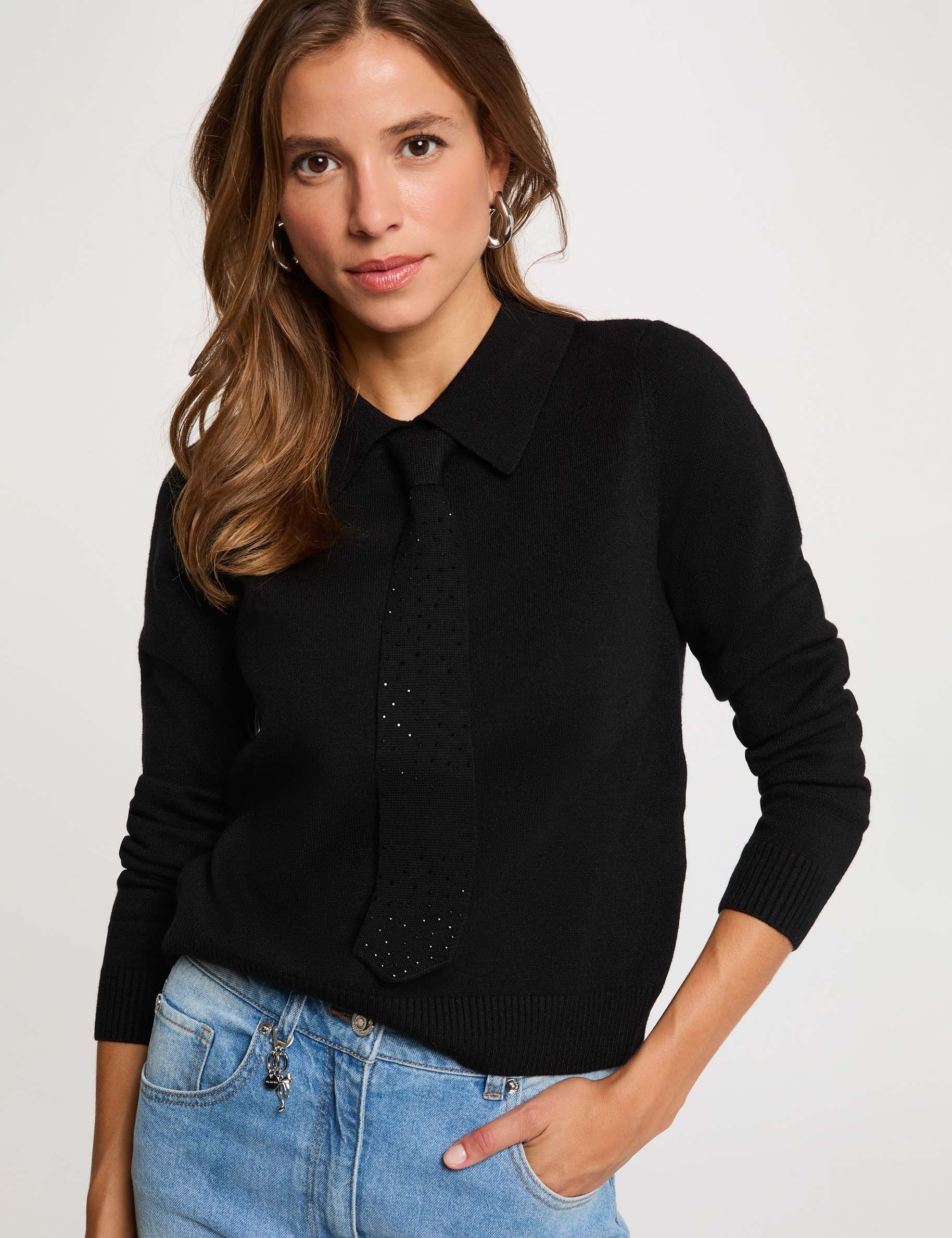 Pull col &agrave; revers noir femme