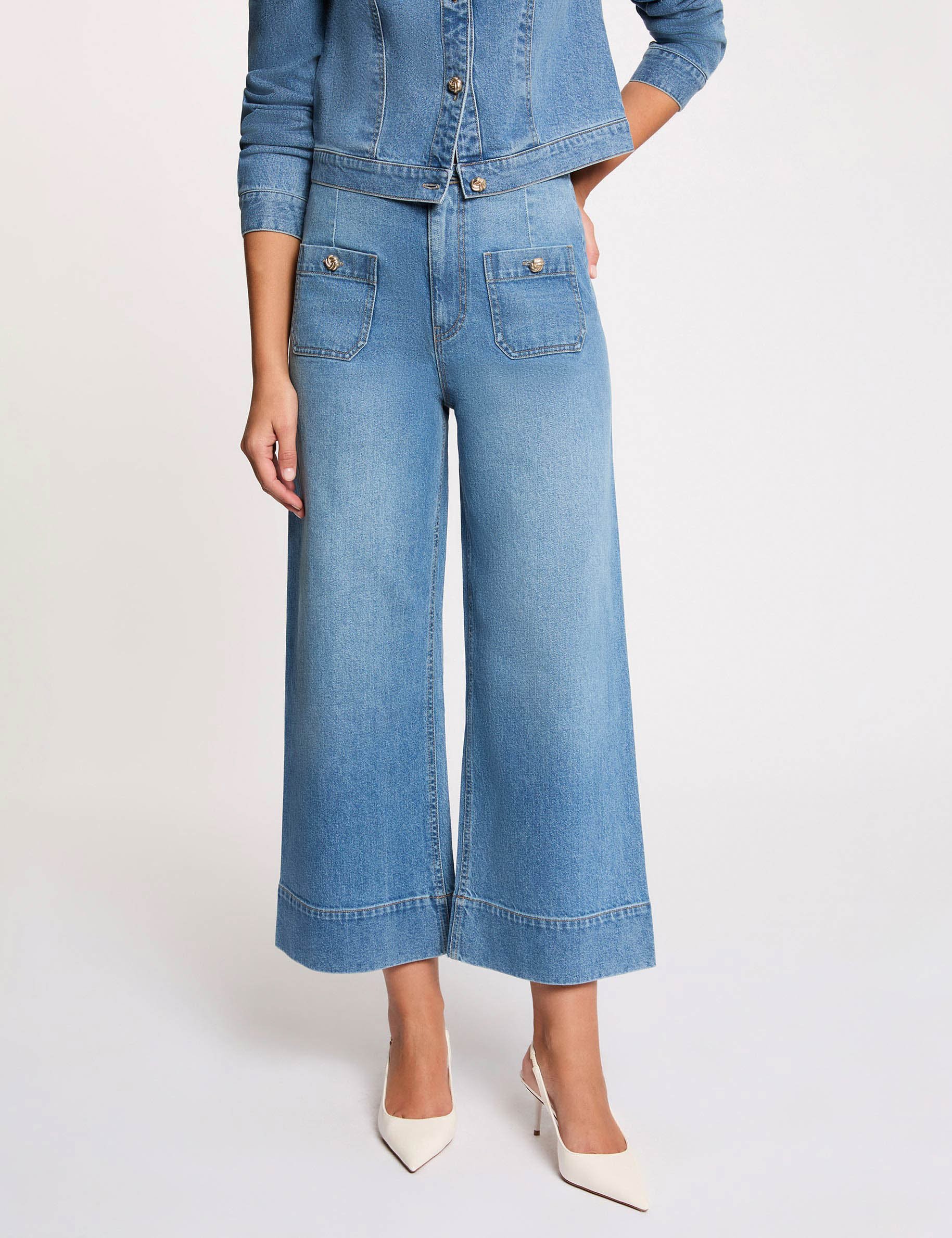 Weite hochgeschnittene Hose stone denim damen