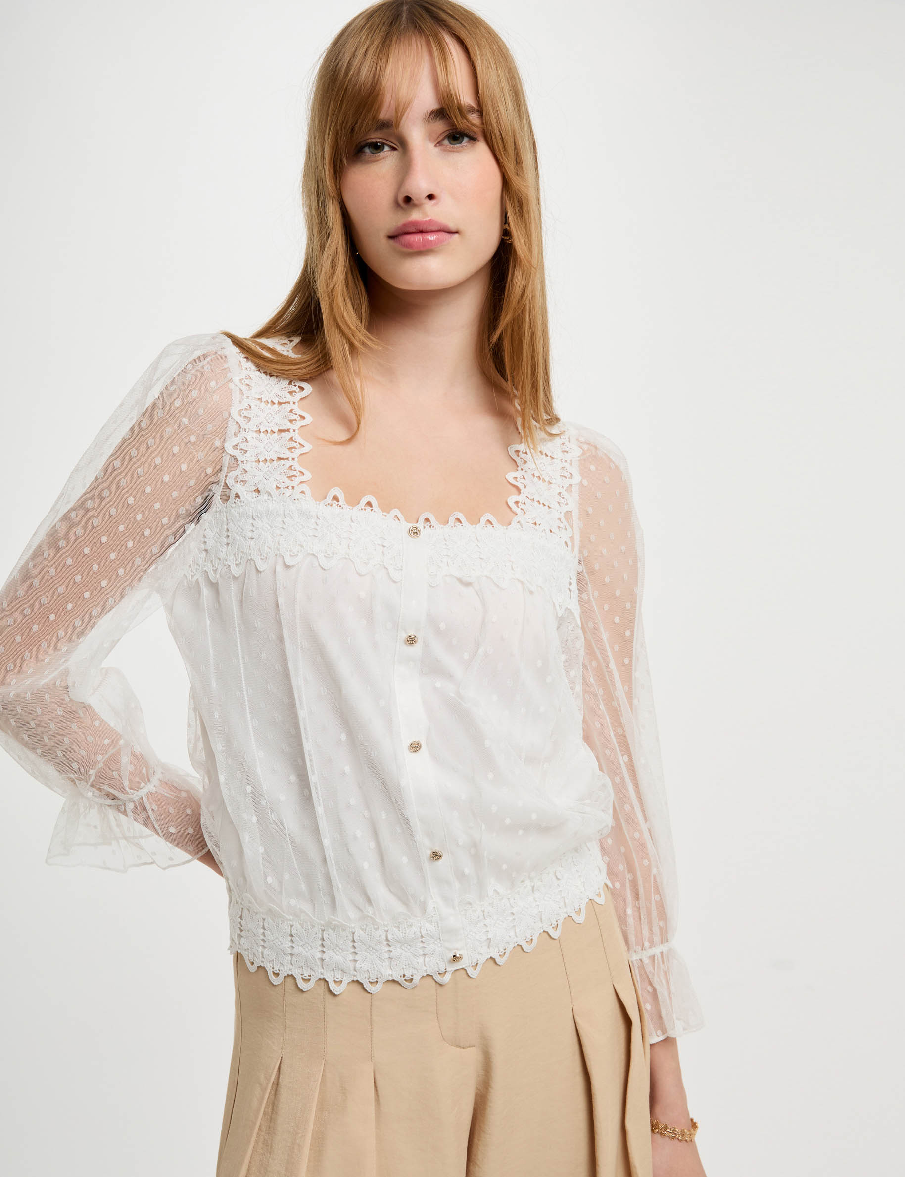 t shirt mit 34 armeln und tupfelmuster weiss damen T-shirt mit 3/4-Ärmeln und Tüpfelmuster weiss damen