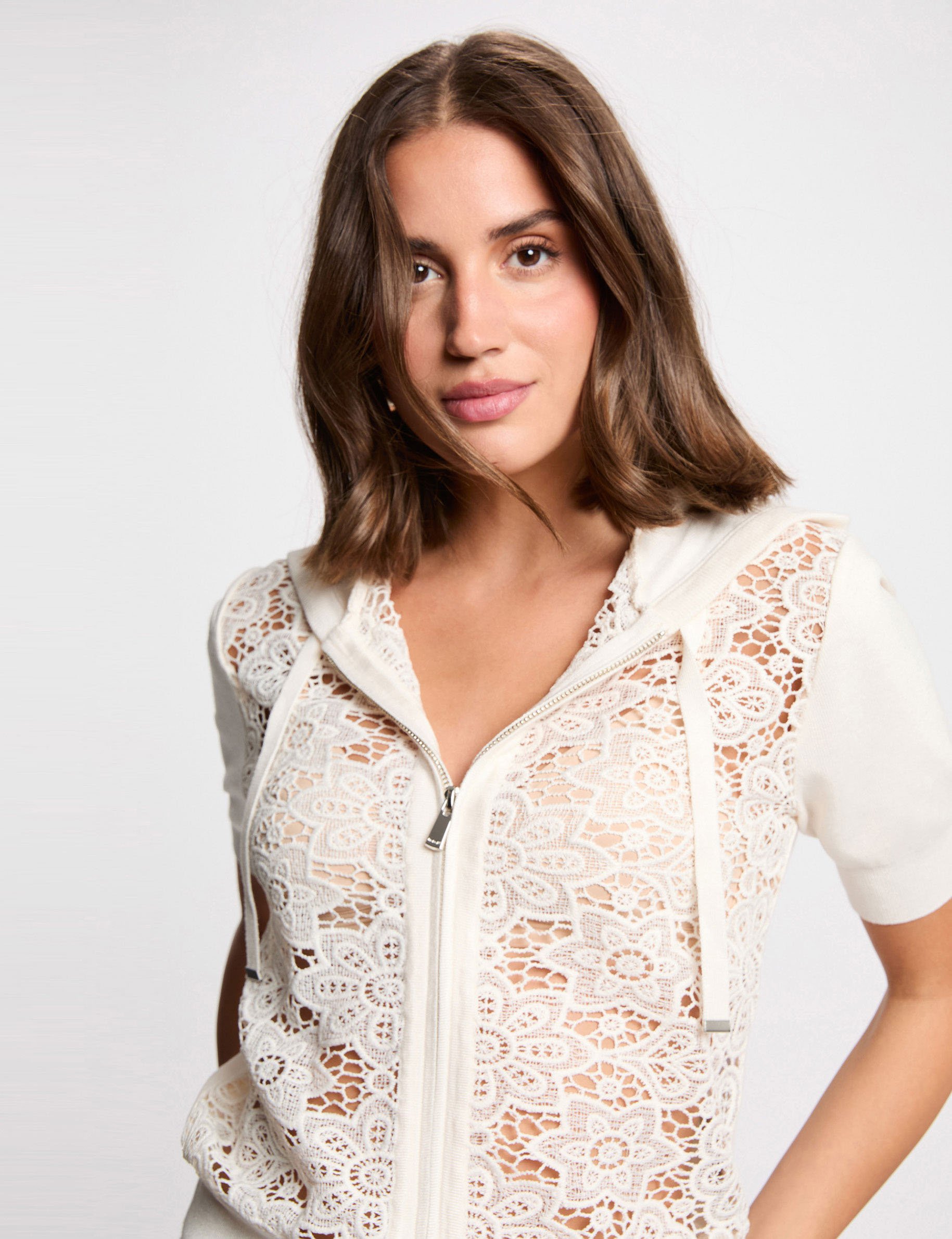 Kapuzencardigan mit kurzen &Auml;rmeln elfenbein damen