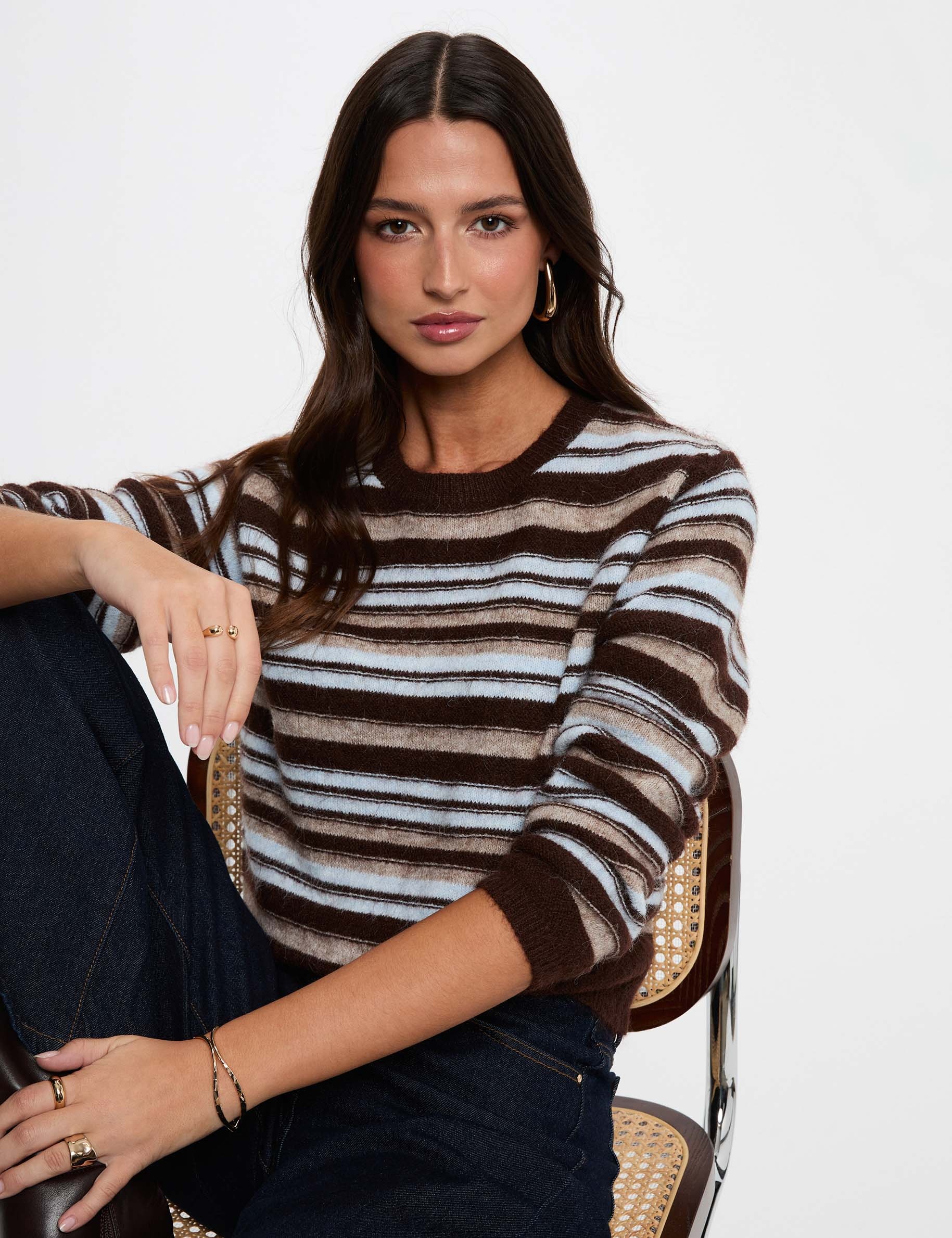 Gestreifter Pullover mit Rundhals beige damen