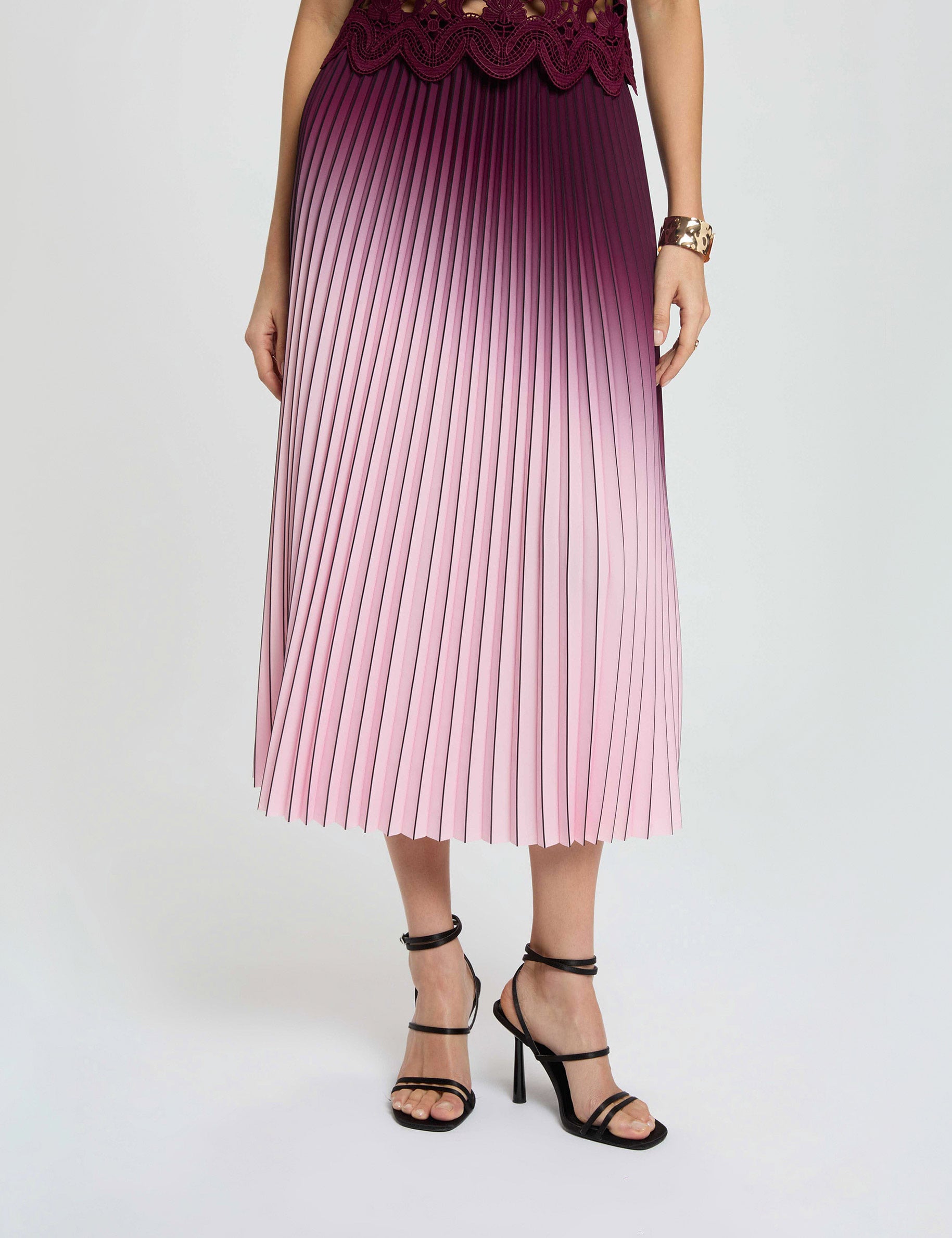 Jupe longue pliss&eacute;e prune femme