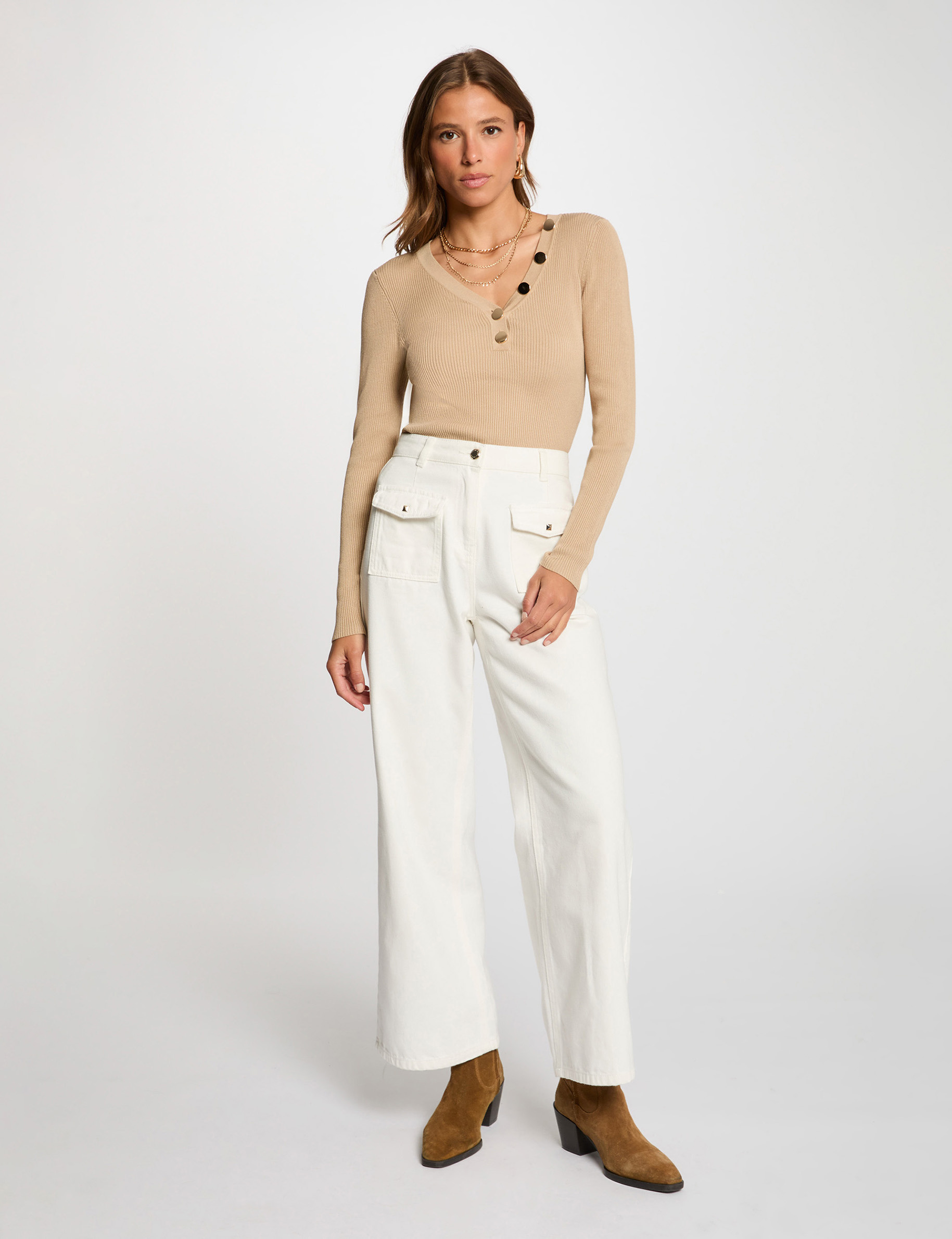 Langarmpullover aus feinem Strick mit Knöpfen marron clair damen