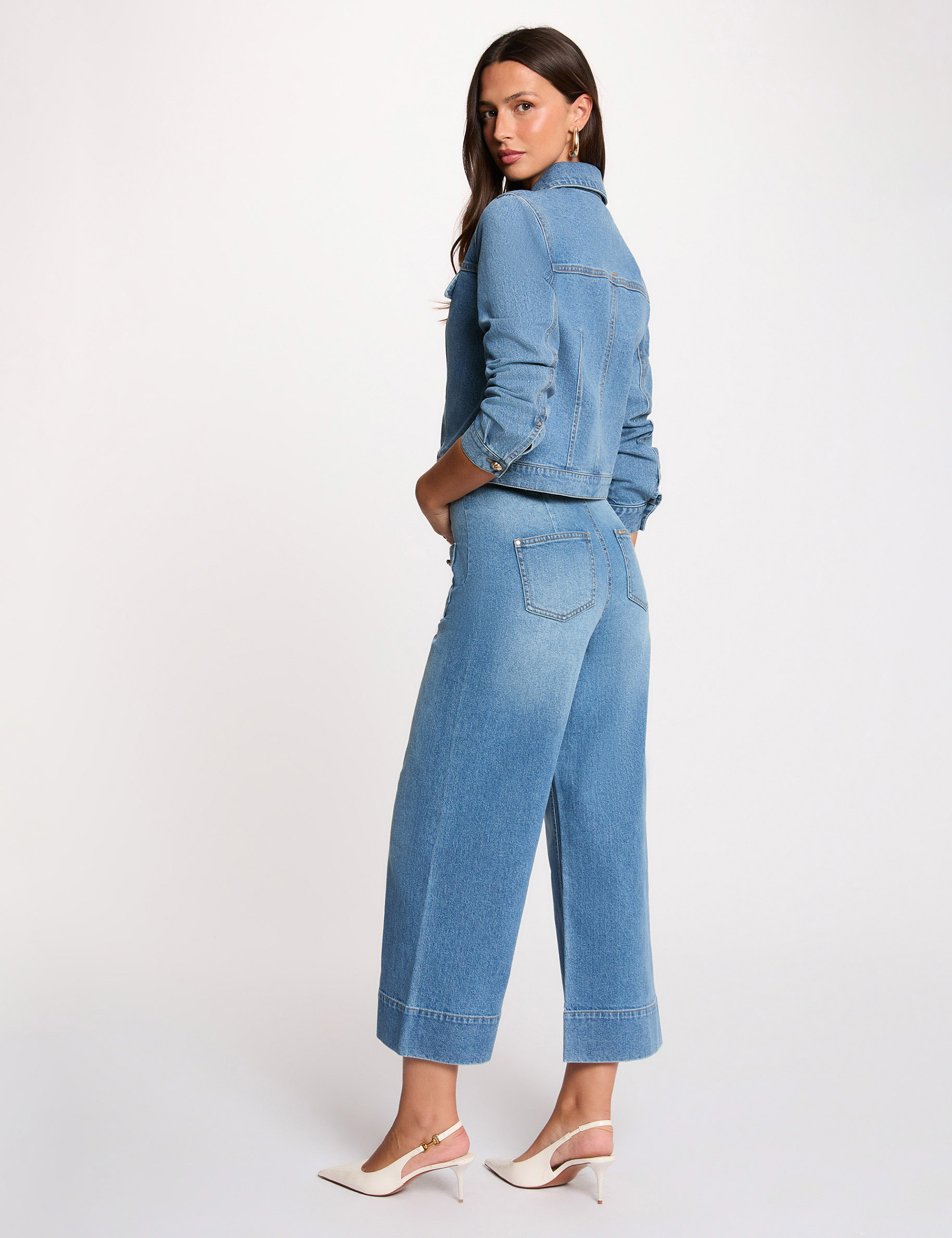 Weite hochgeschnittene Hose stone denim damen