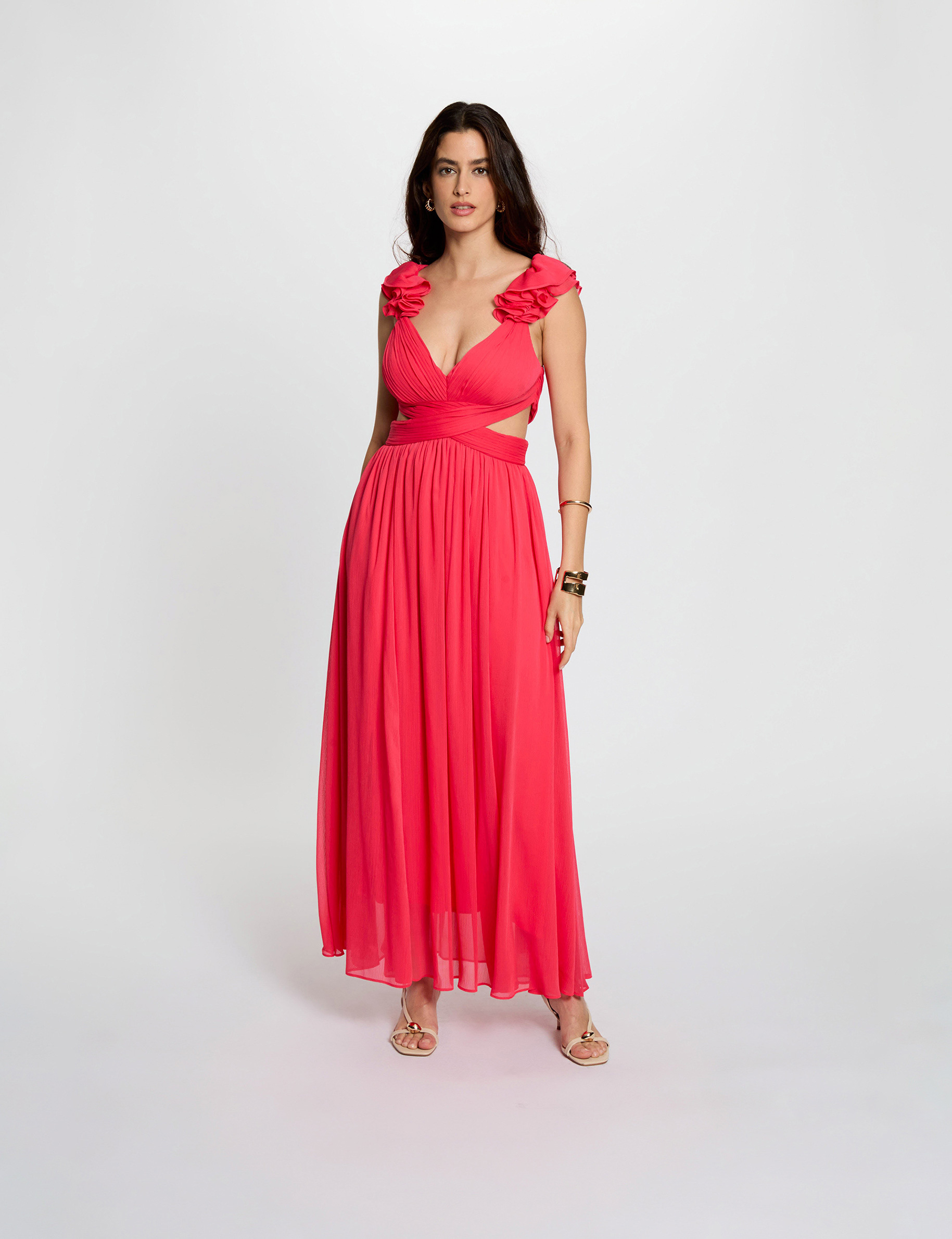 Robe longue droite fluide rouge corail femme
