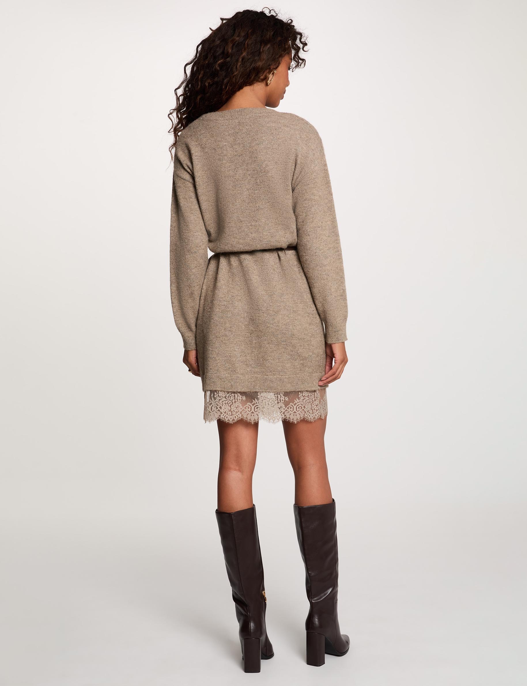 Robe tricot col v taupe femme