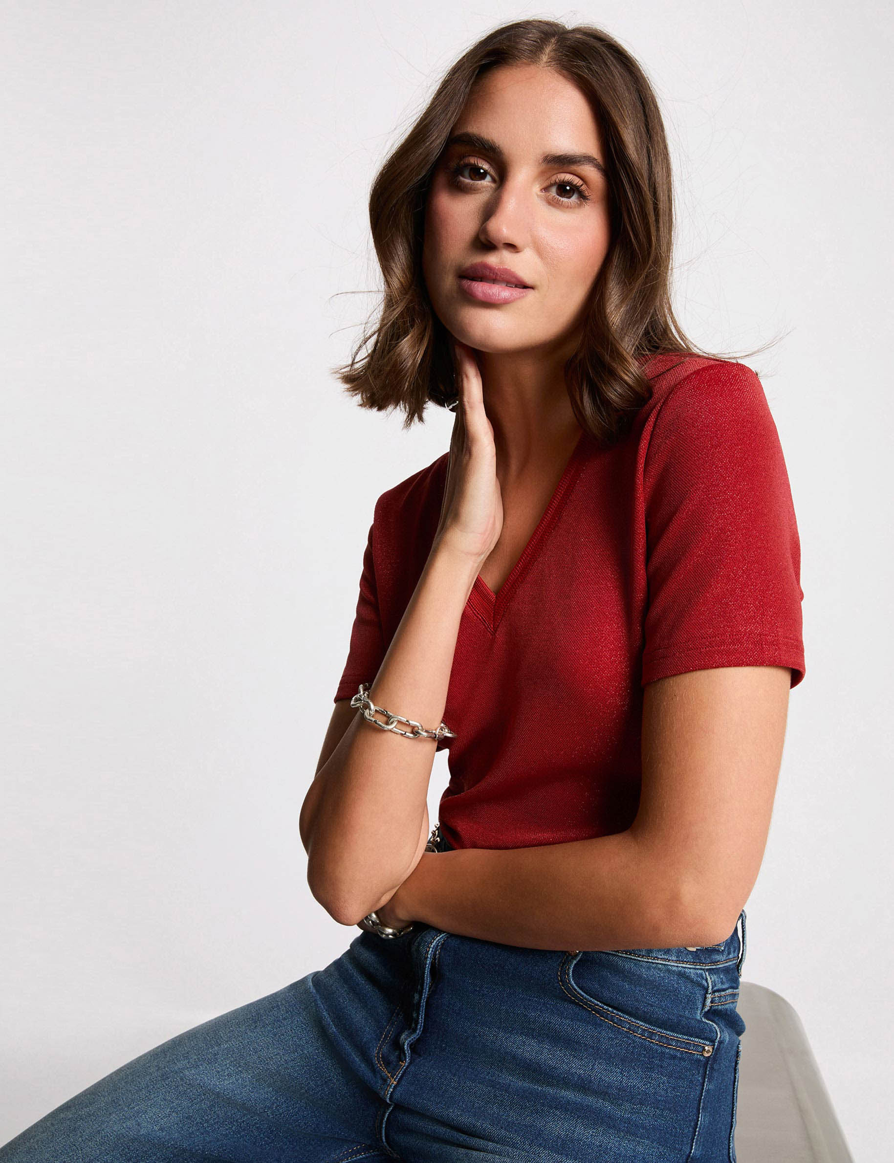 Kurzarm-T-Shirt mit V-Kragen dunkelorange damen