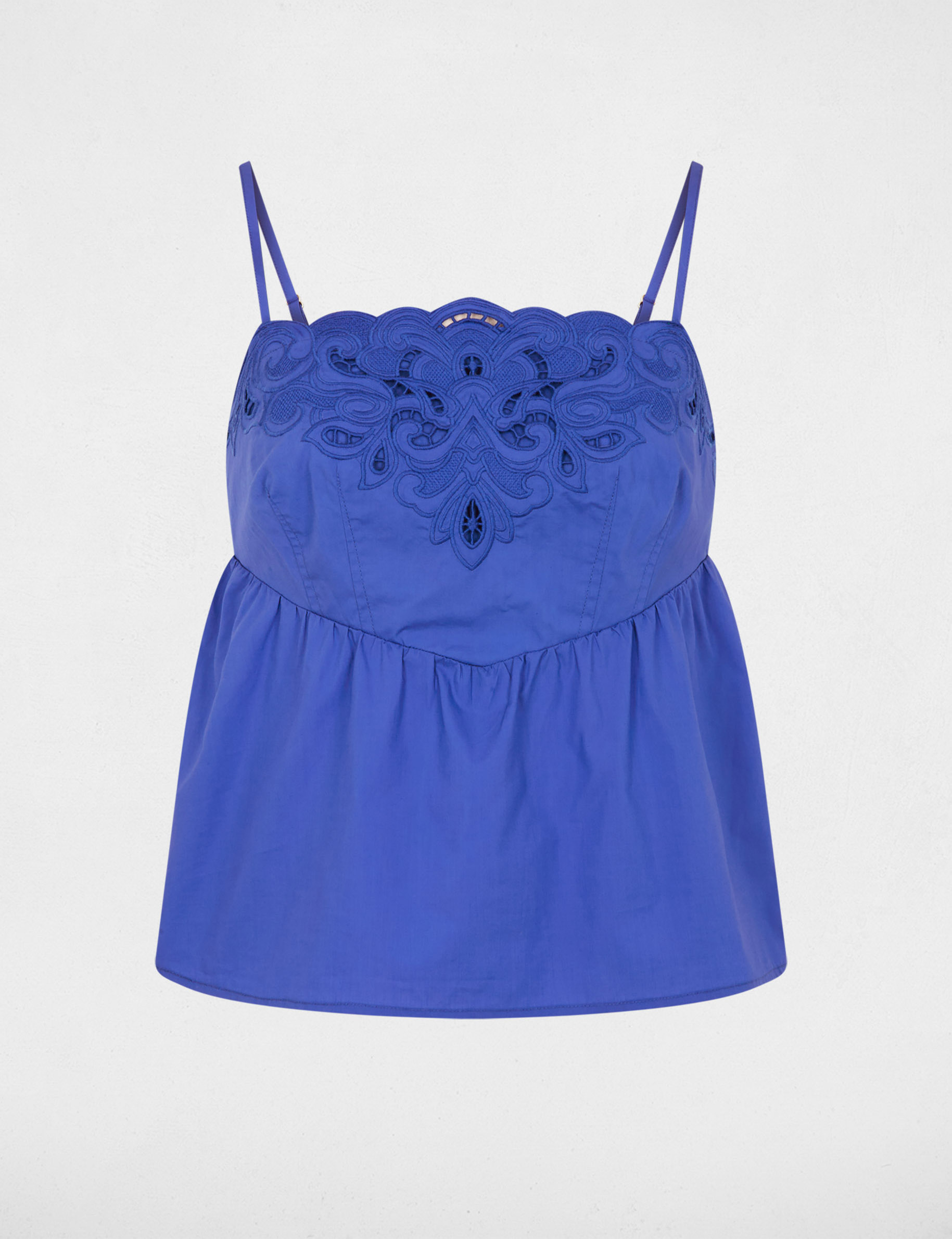 Top brod&eacute; bretelles fines bleu femme