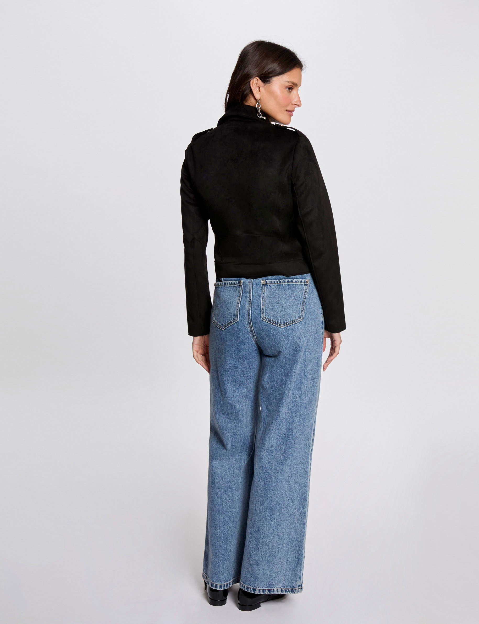 blouson court zippe suedine noir femme Blouson court zippé suédine noir femme