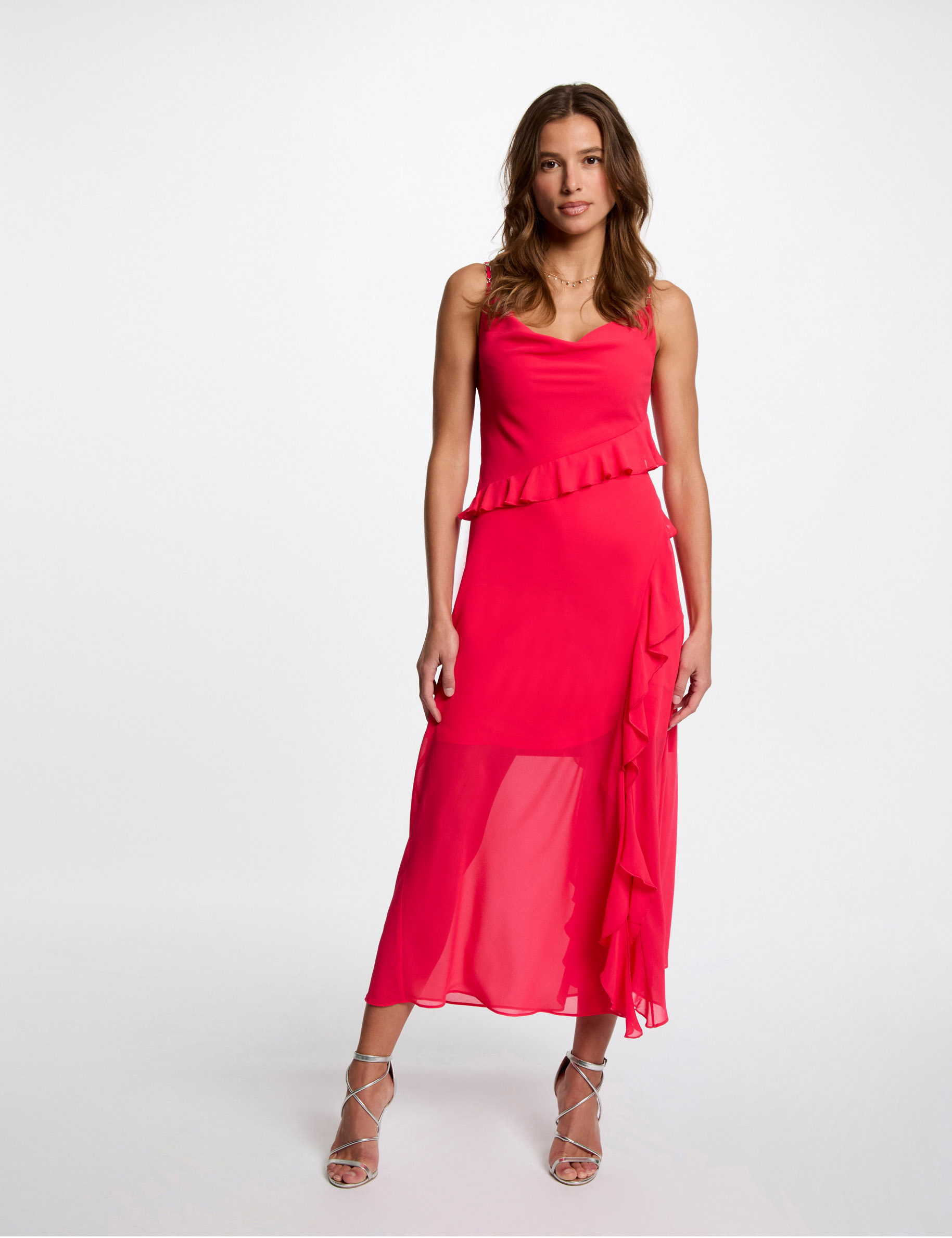 eng anliegendes midikleid mit volants fuschia rot damen Eng anliegendes Midikleid mit Volants fuschia rot damen