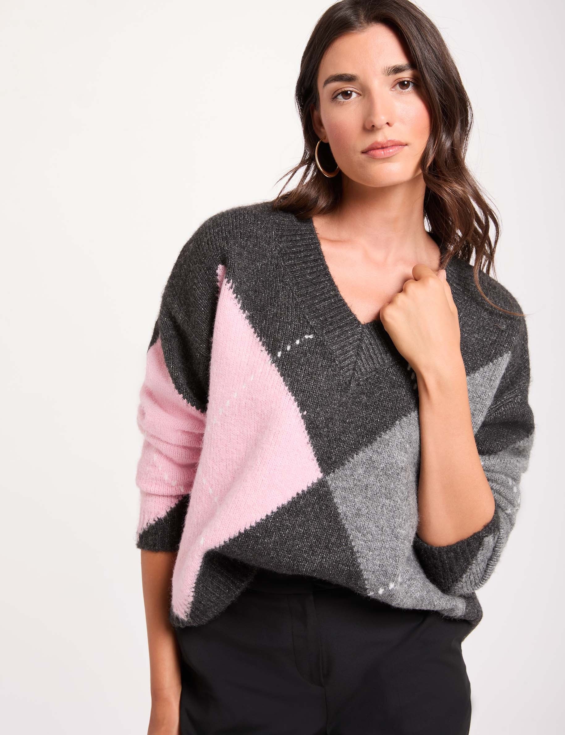 Jacquard-Pullover mit V-Ausschnitt dunkelgrau damen