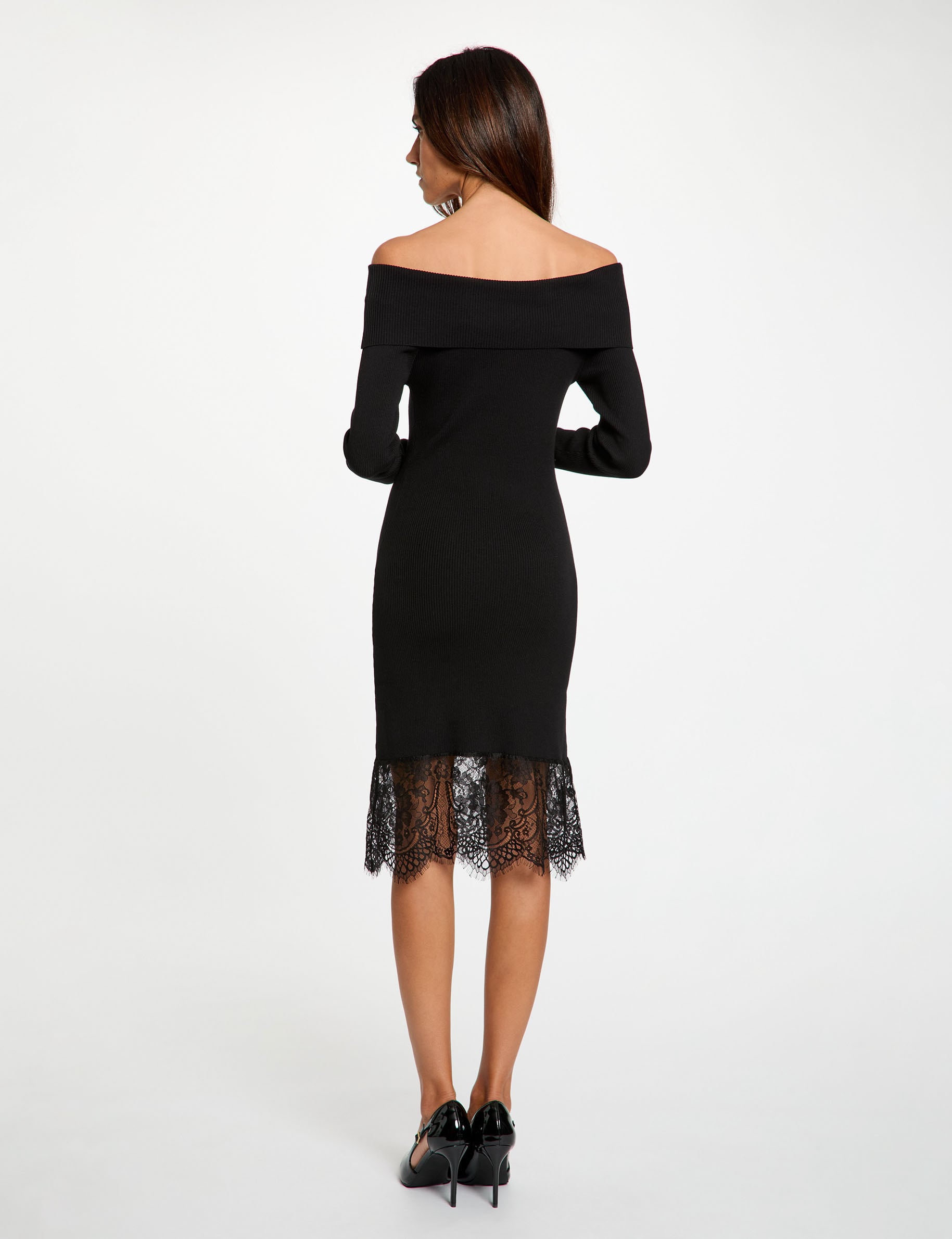 Robe tricot col b&eacute;nitier noir femme