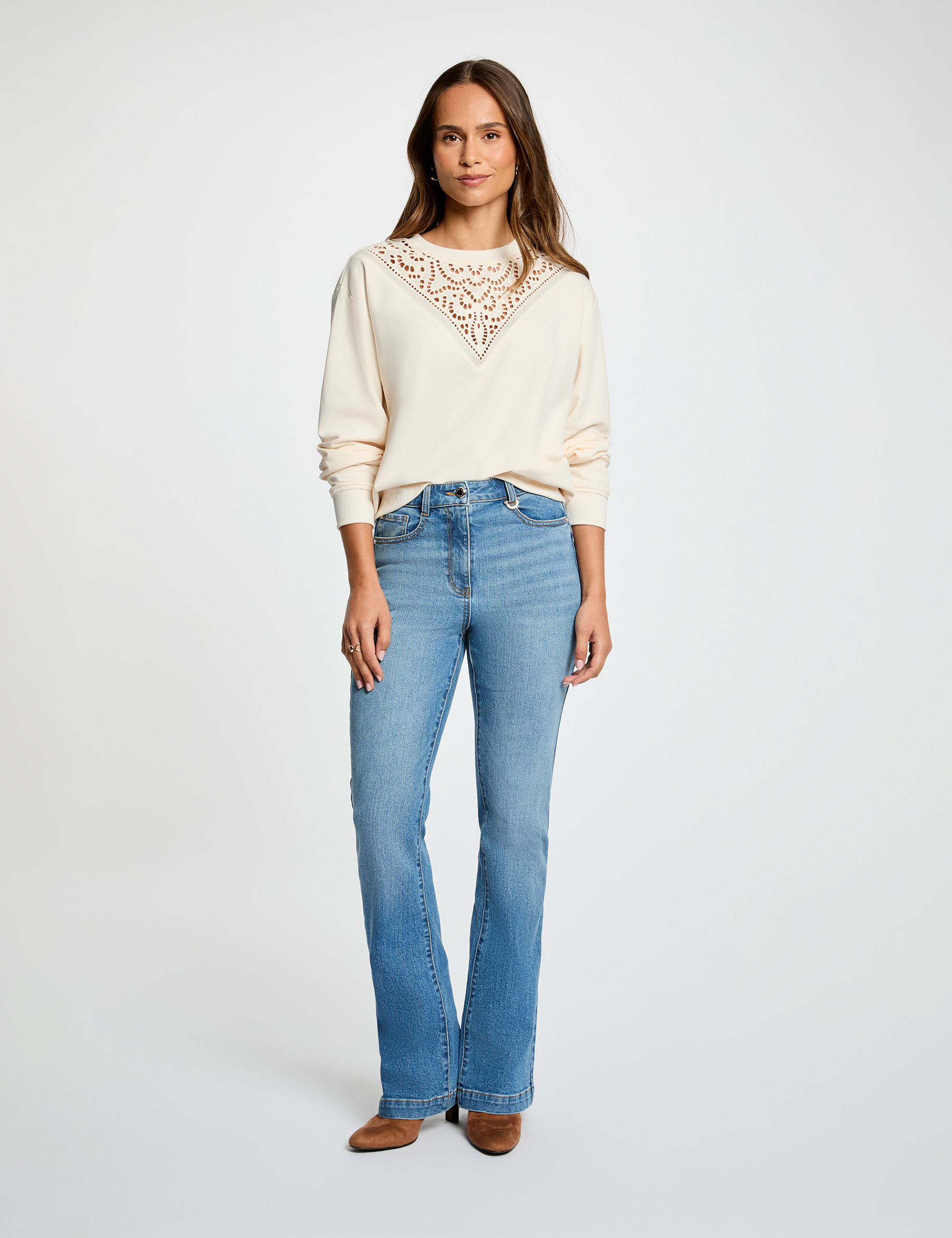 Langarm-T-Shirt elfenbein damen