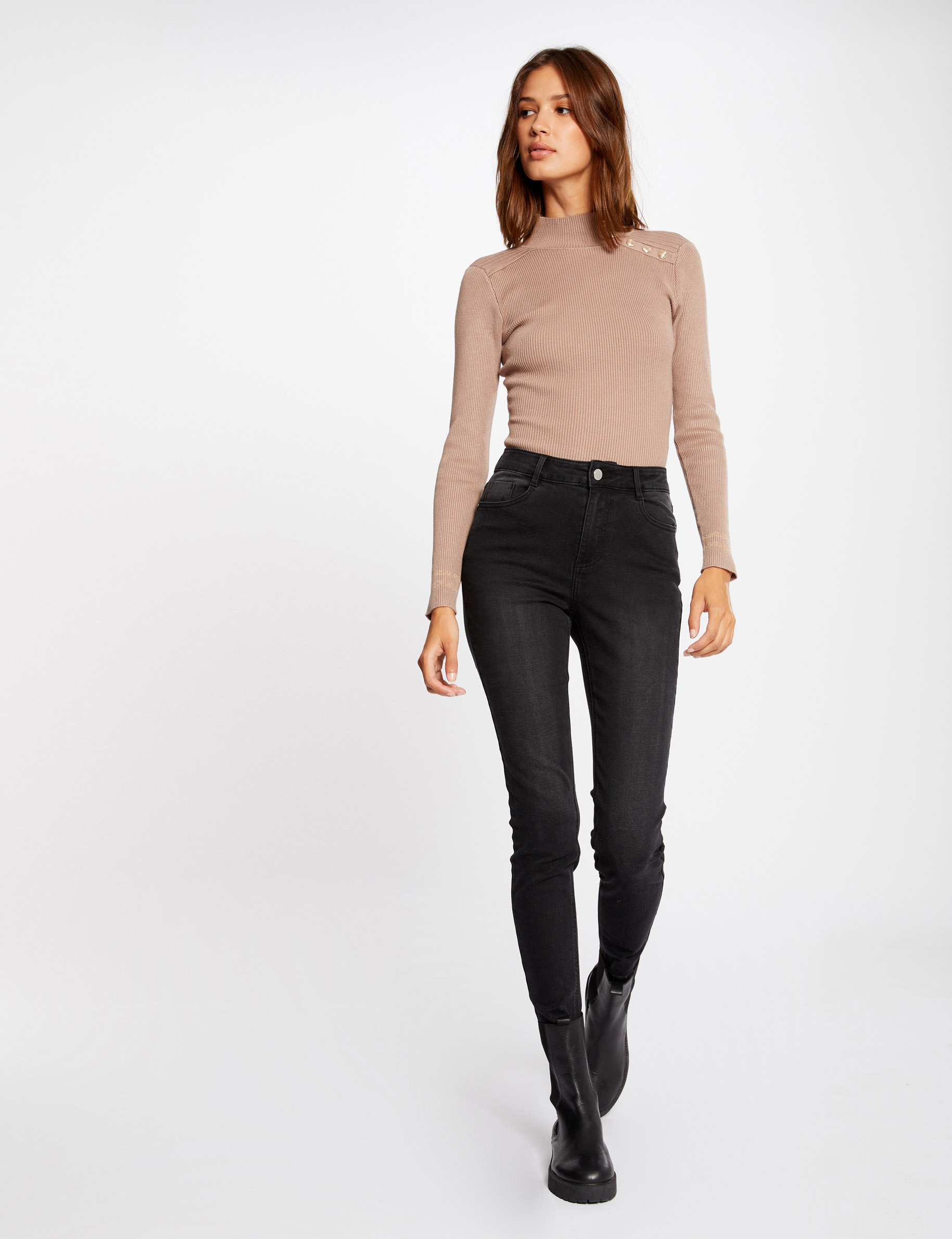 Pull manches longues avec boutons camel femme