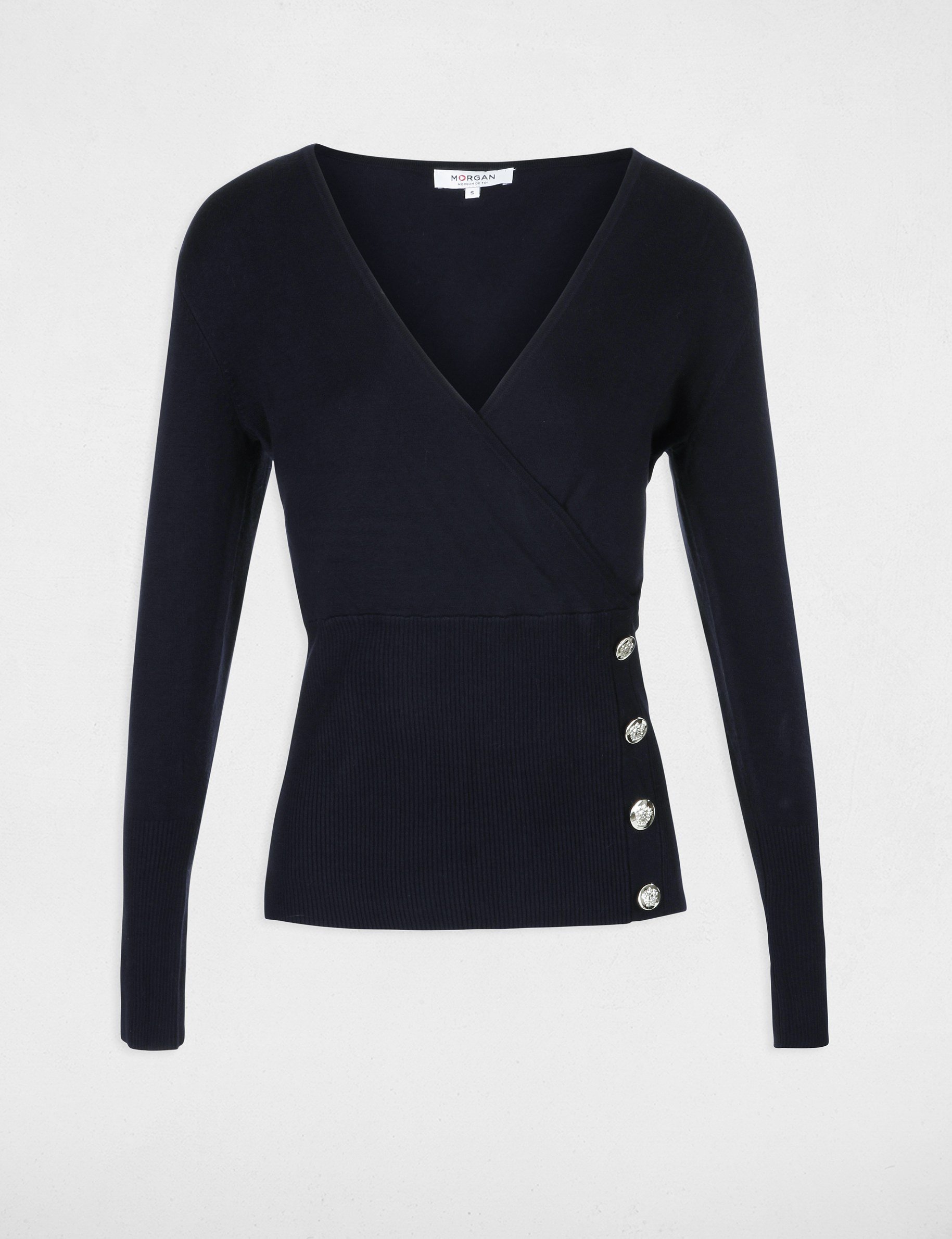 Pull manches longues &agrave; col effet crois&eacute; marine femme