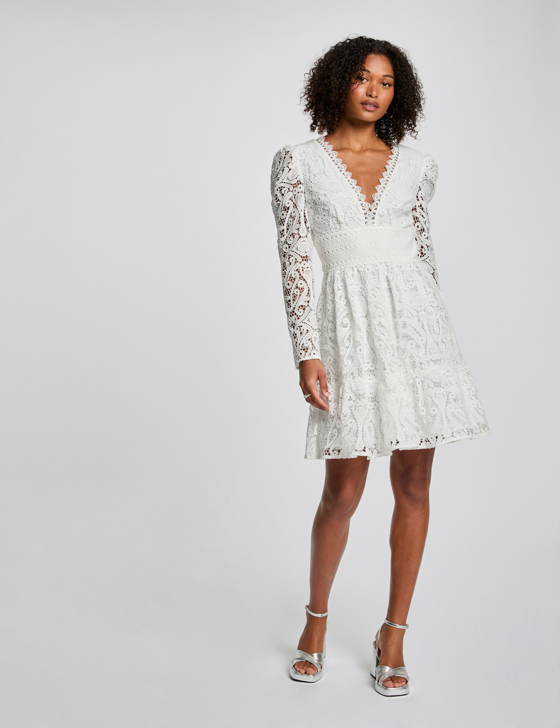 Kurzes, ausgestelltes Spitzenkleid weiss damen