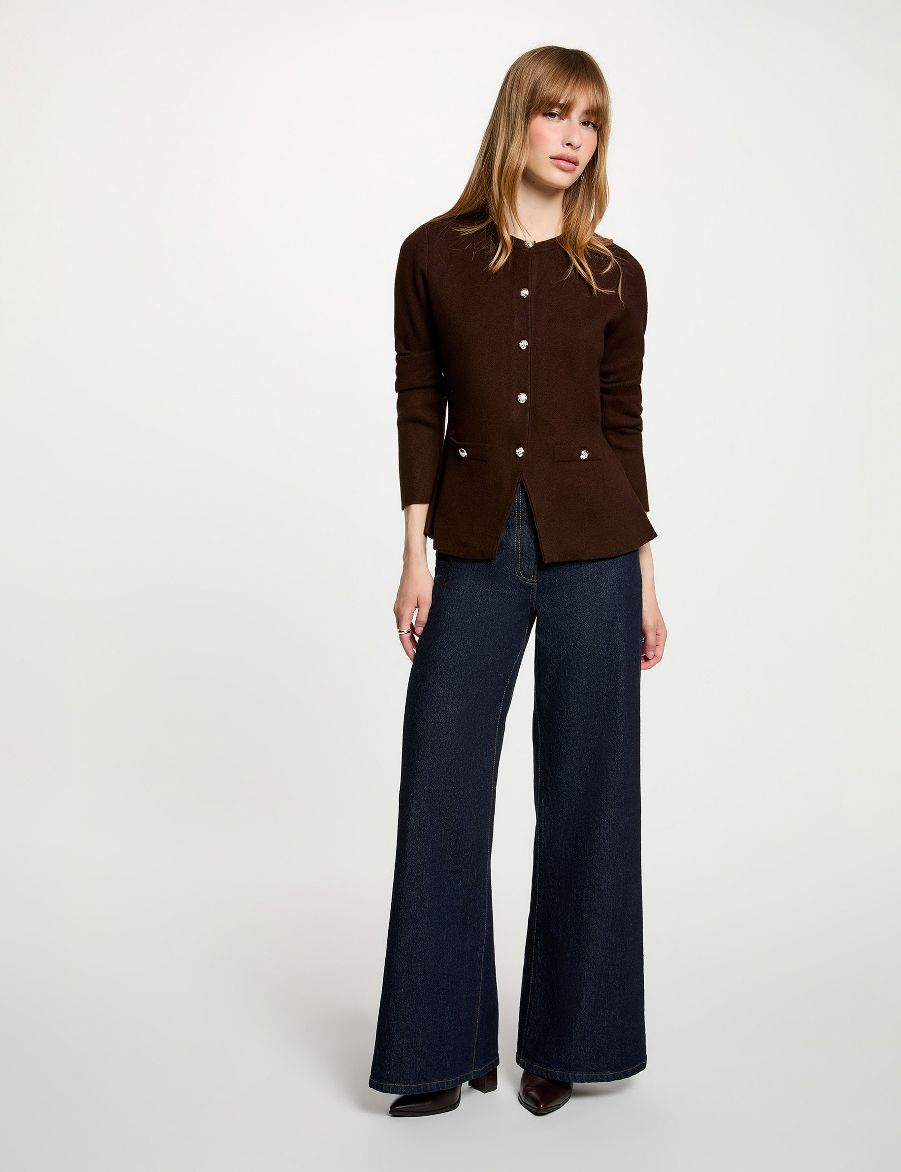 Strickjacke mit Rundhalsausschnitt dunkelbraun damen