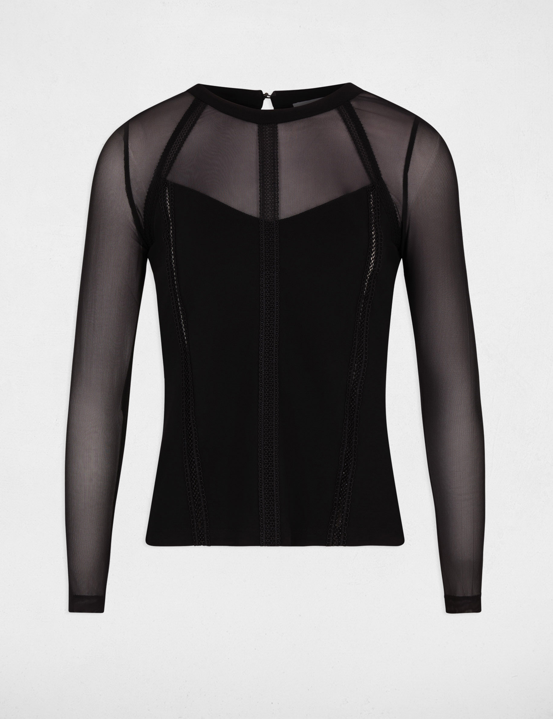 T-shirt aus Spitze mit langen &Auml;rmeln schwarz damen