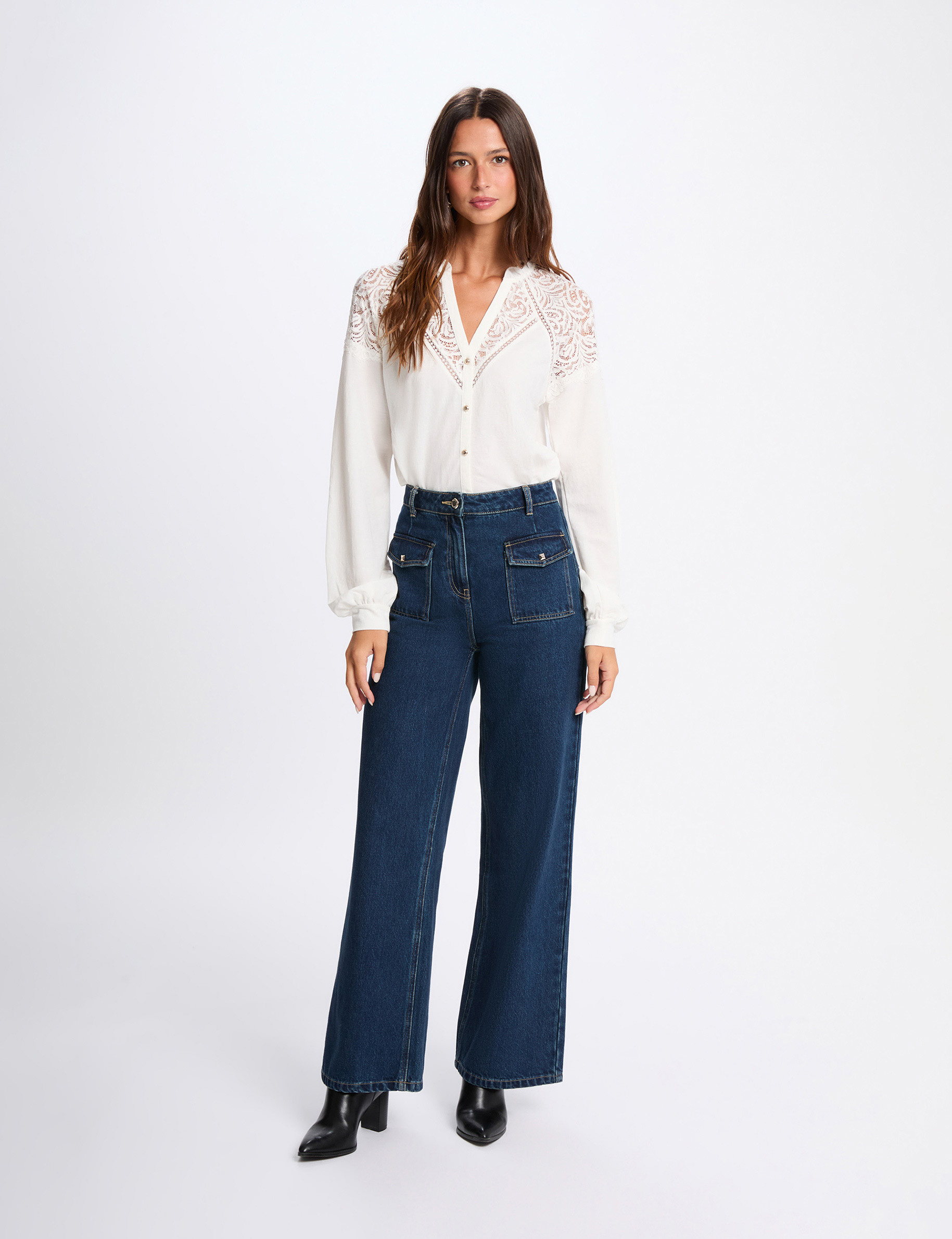 T-shirt dentelle col v blanc femme