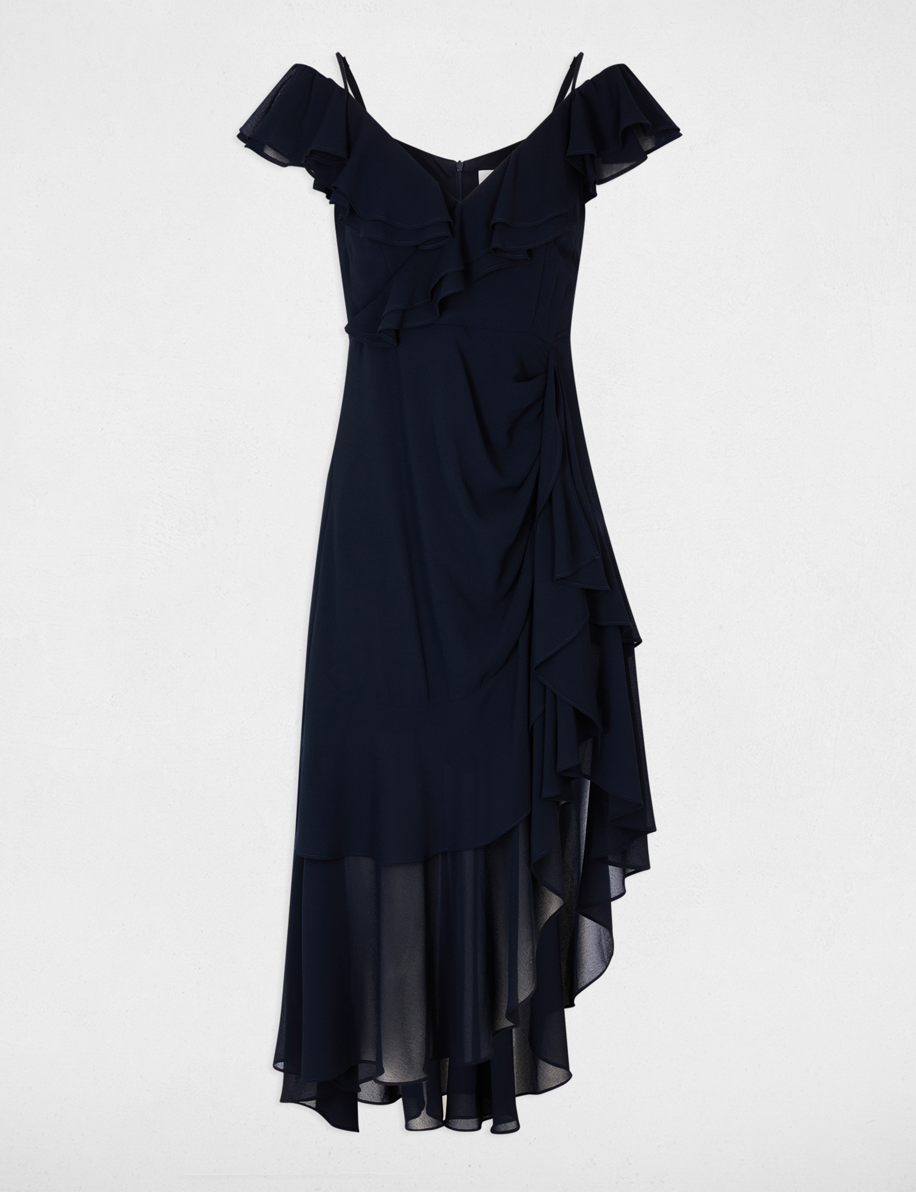 Robe midi droite volants bleu marine femme