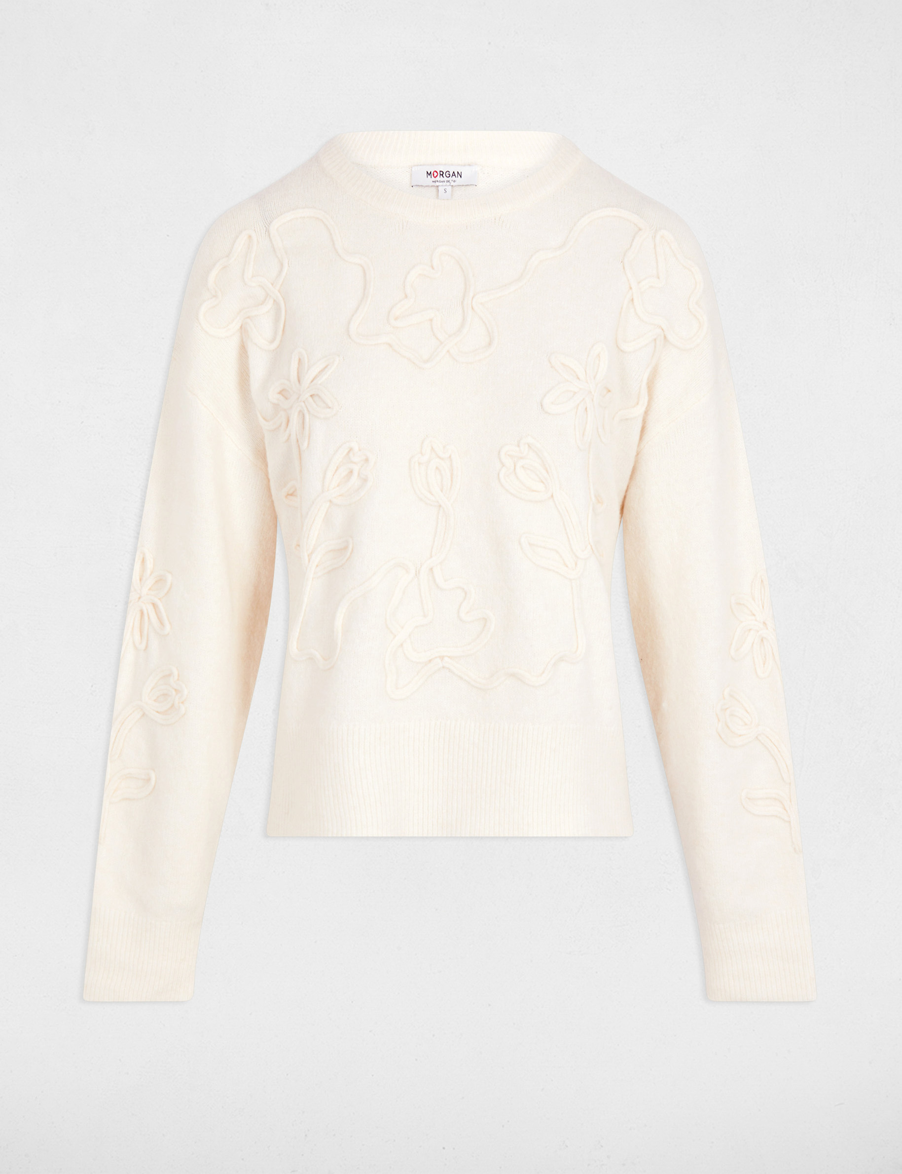 Pull col rond fantaisie ivoire femme