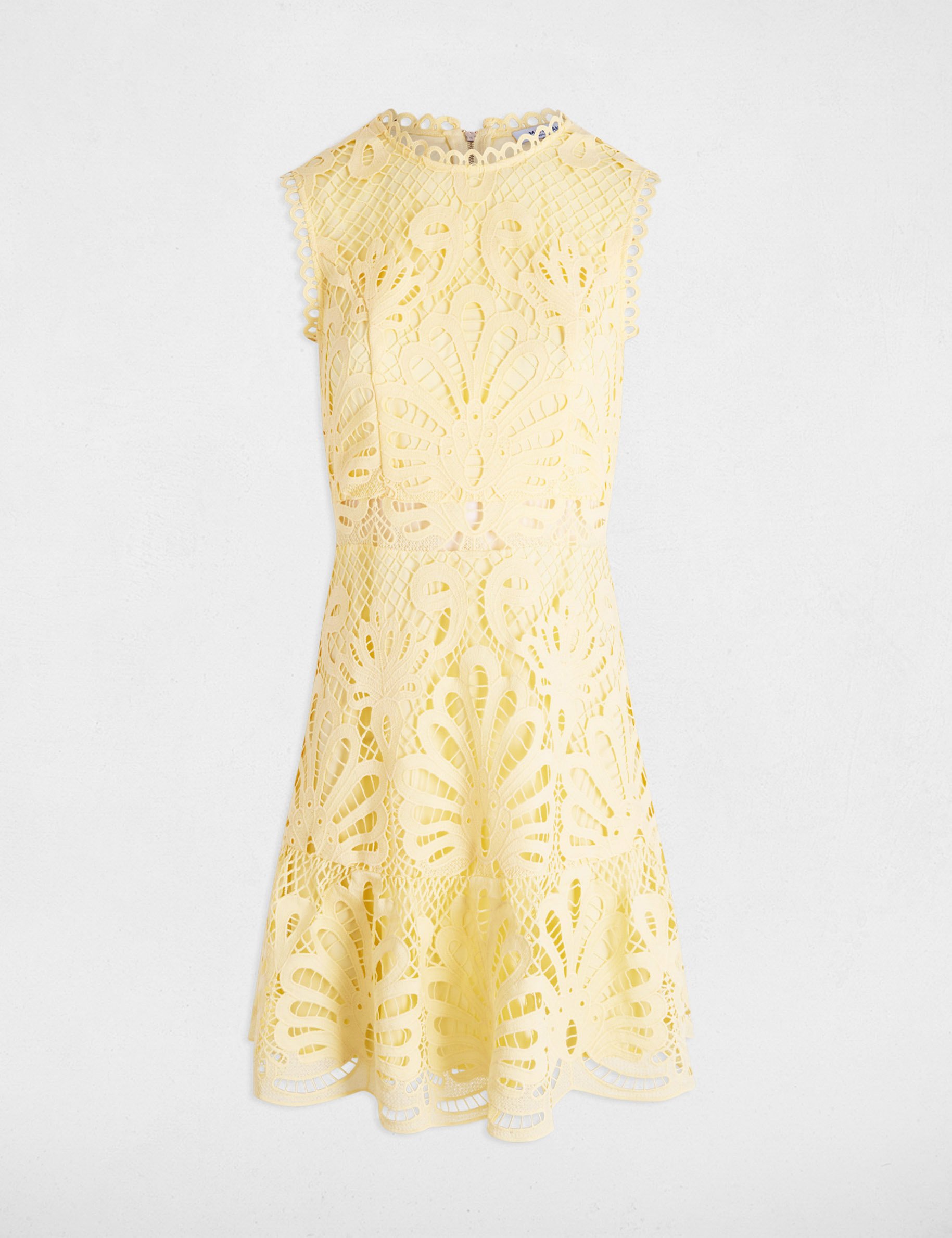 Robe courte trap&egrave;ze dentelle jaune clair femme
