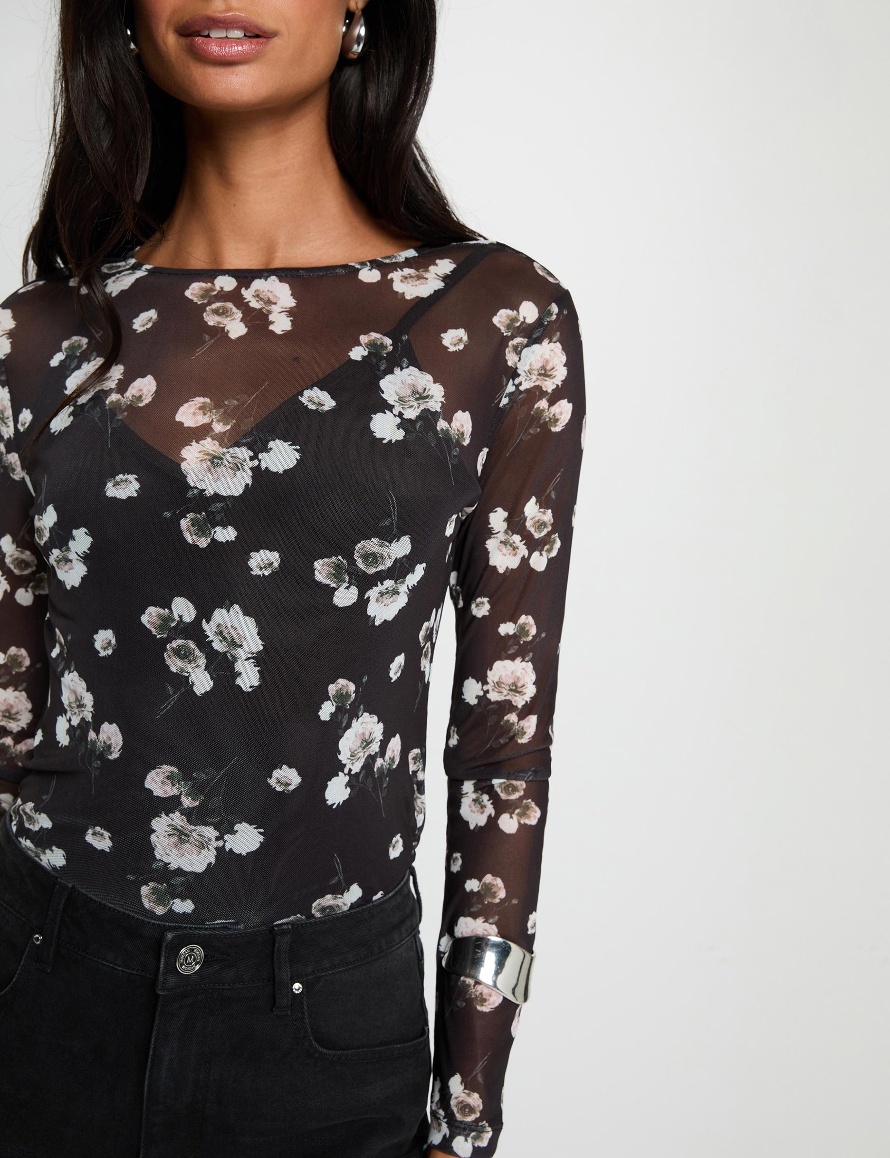 Langarm-T-Shirt aus Netzstoff mehrfarbig damen
