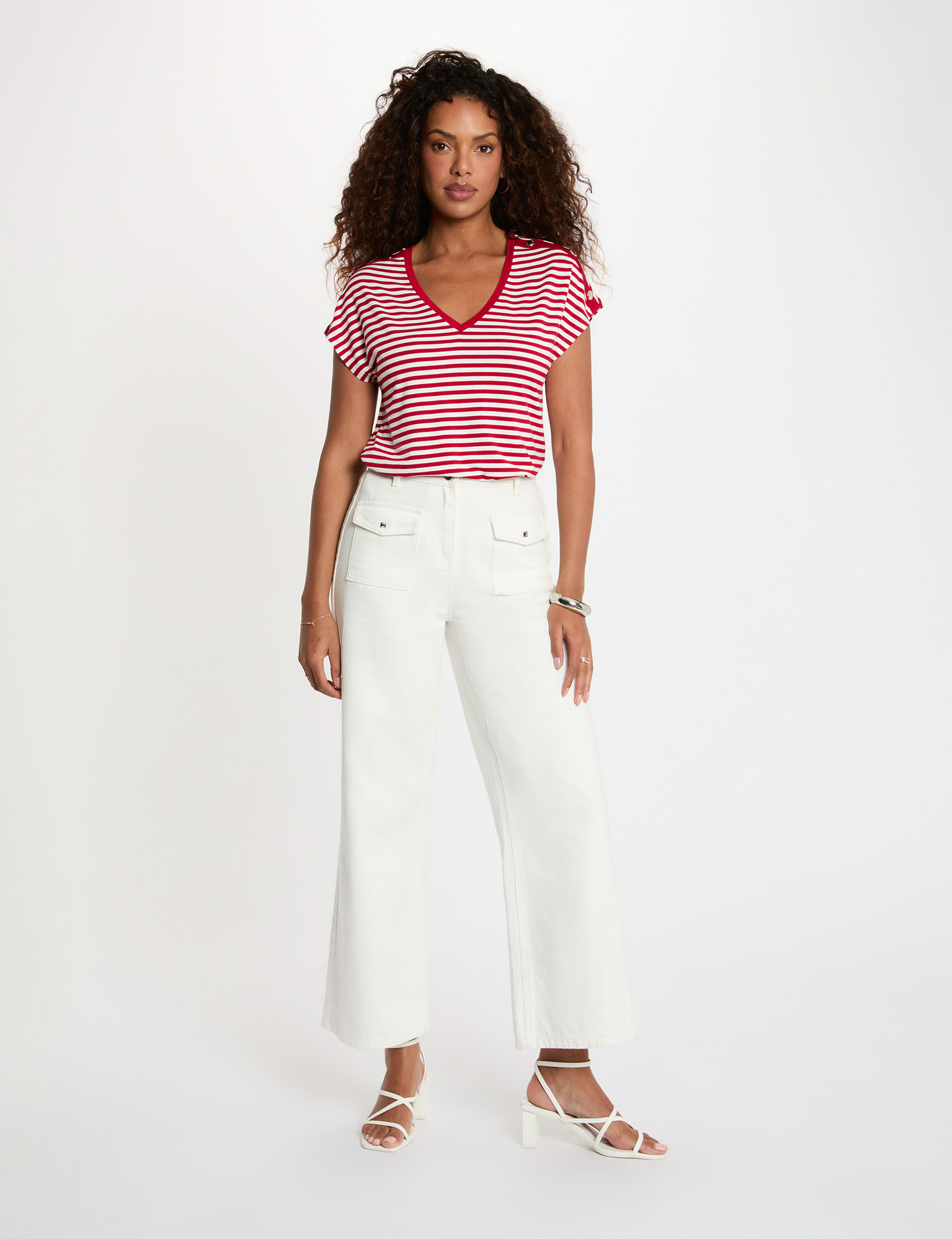 Gestreiftes V-Ausschnitt T-Shirt weiss damen