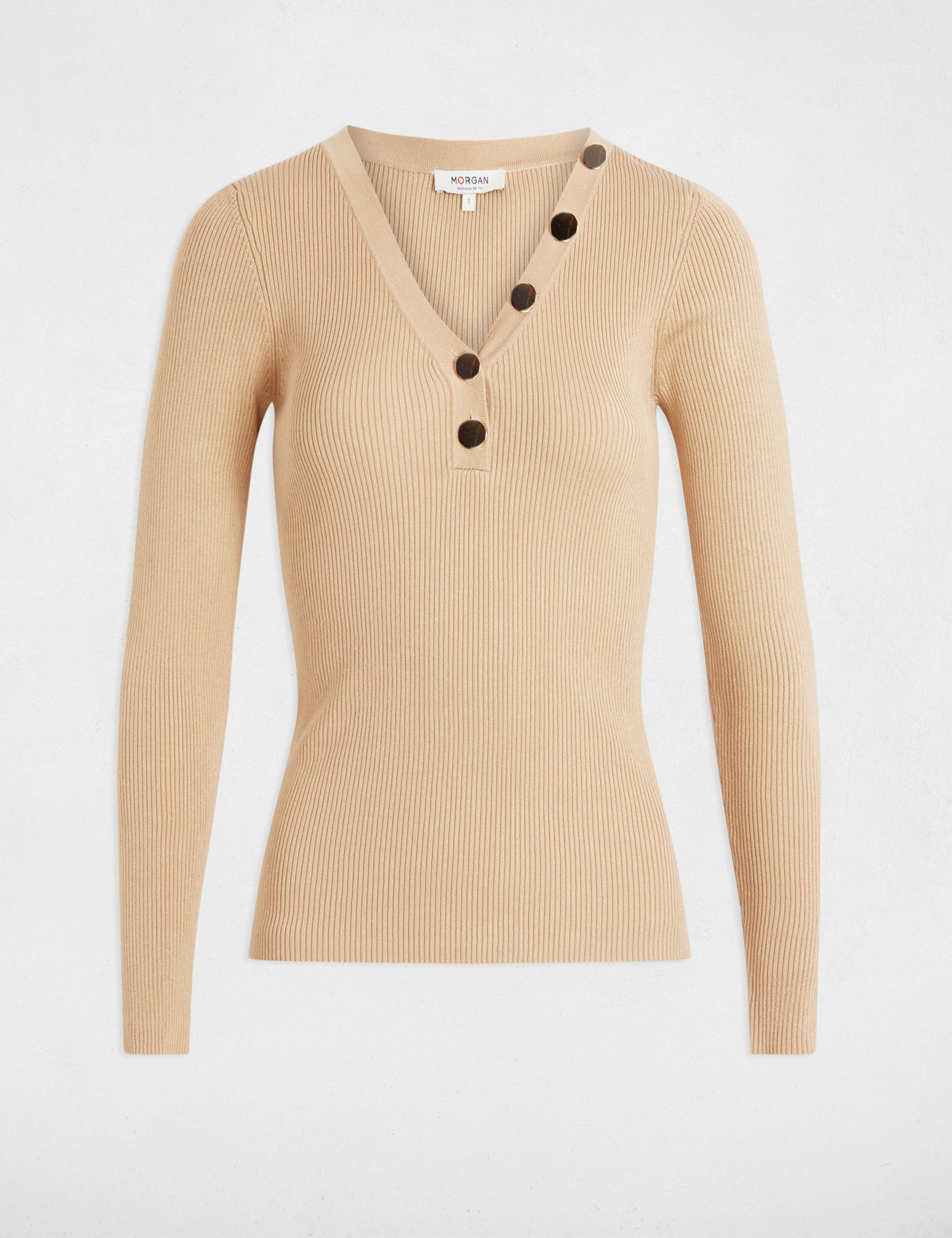 Langarmpullover aus feinem Strick mit Knöpfen marron clair damen