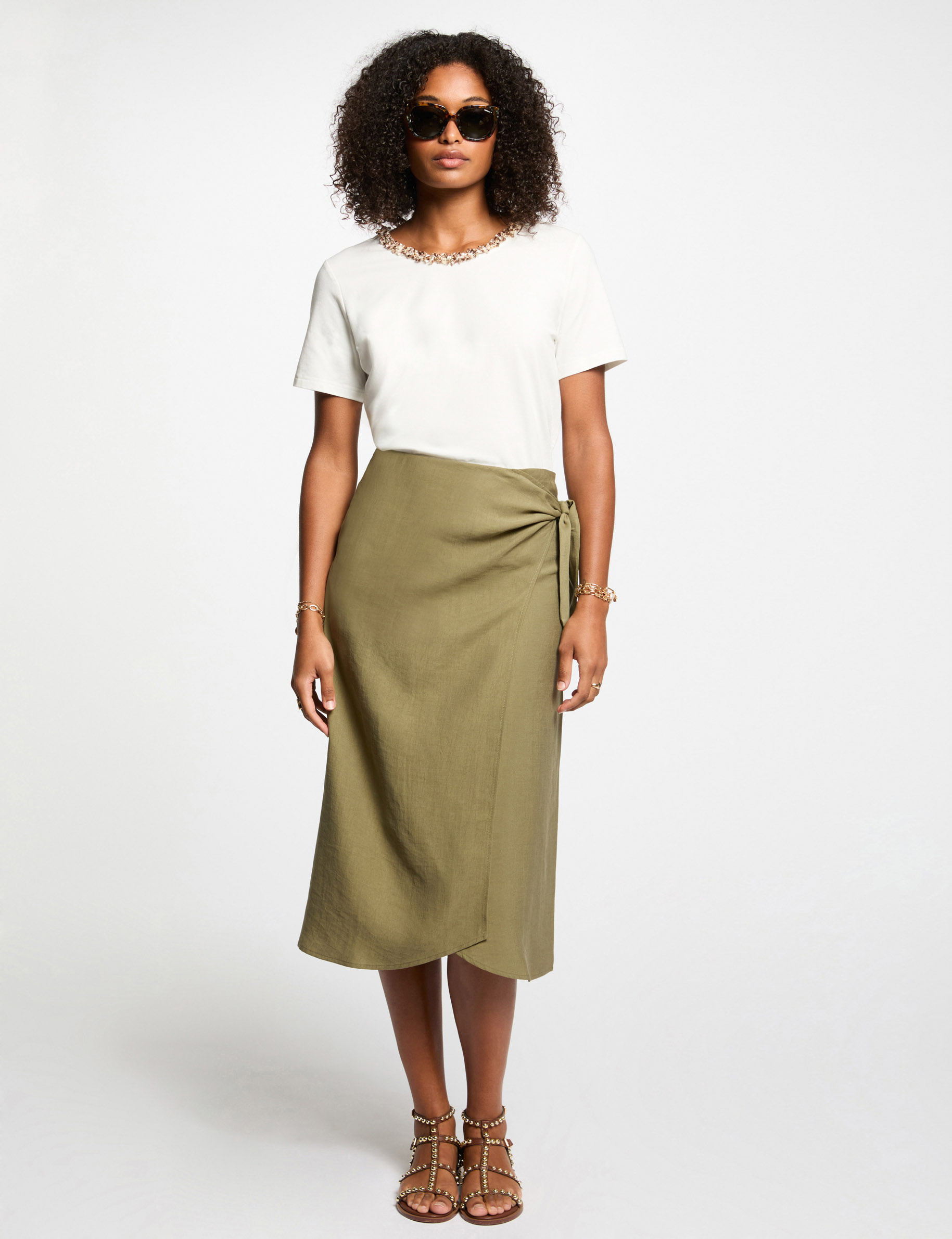 jupe midi portefeuille vert kaki femme Jupe midi portefeuille vert kaki femme