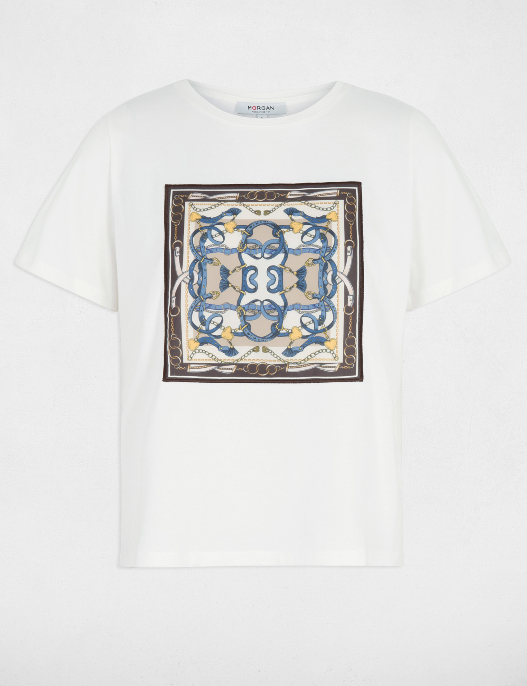 T-shirt imprim&eacute; col rond blanc femme