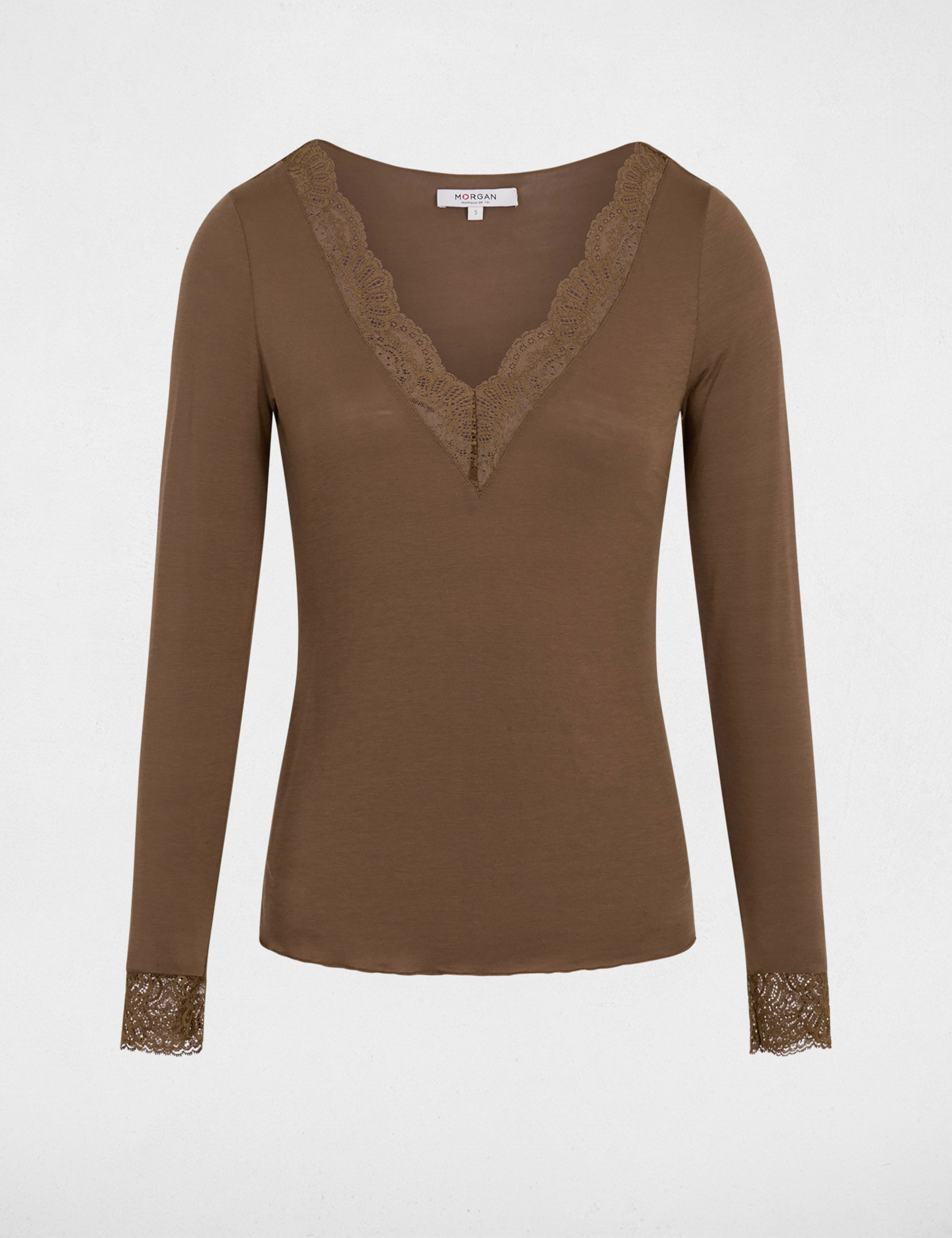 T-Shirt mit V-Ausschnitt und Spitze khakigr&uuml;n damen